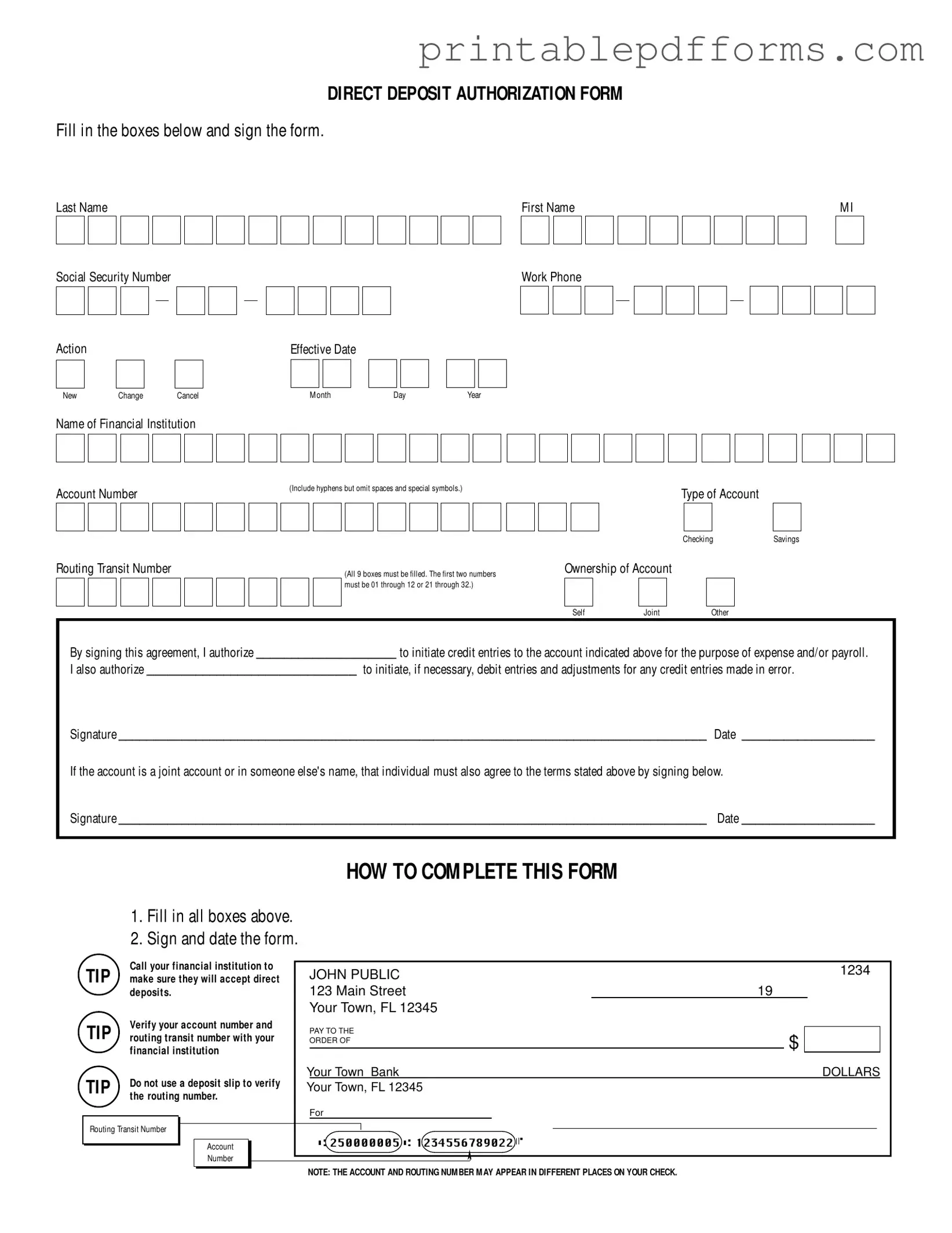 Fill a Valid Generic Direct Deposit Form