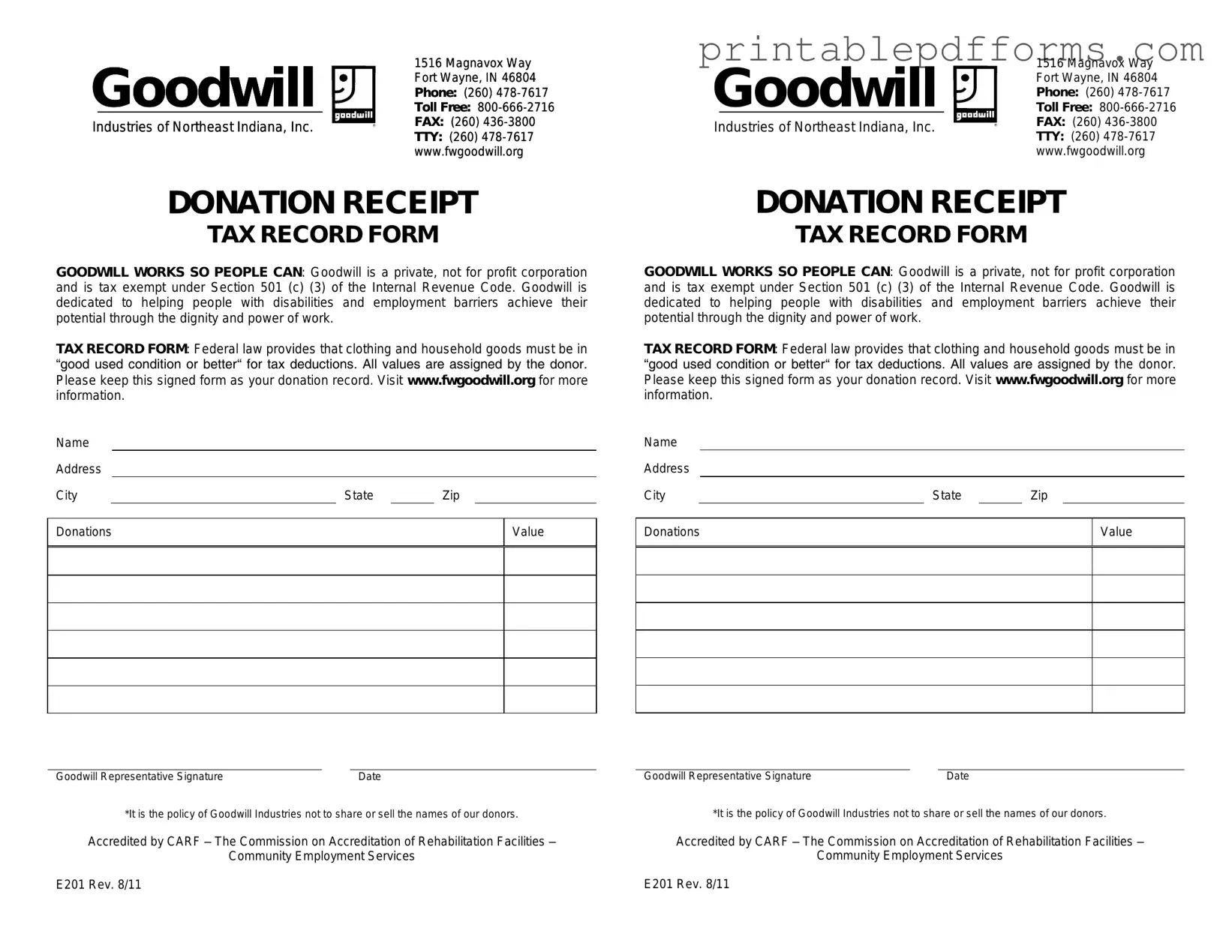 Fill a Valid Goodwill donation receipt Form