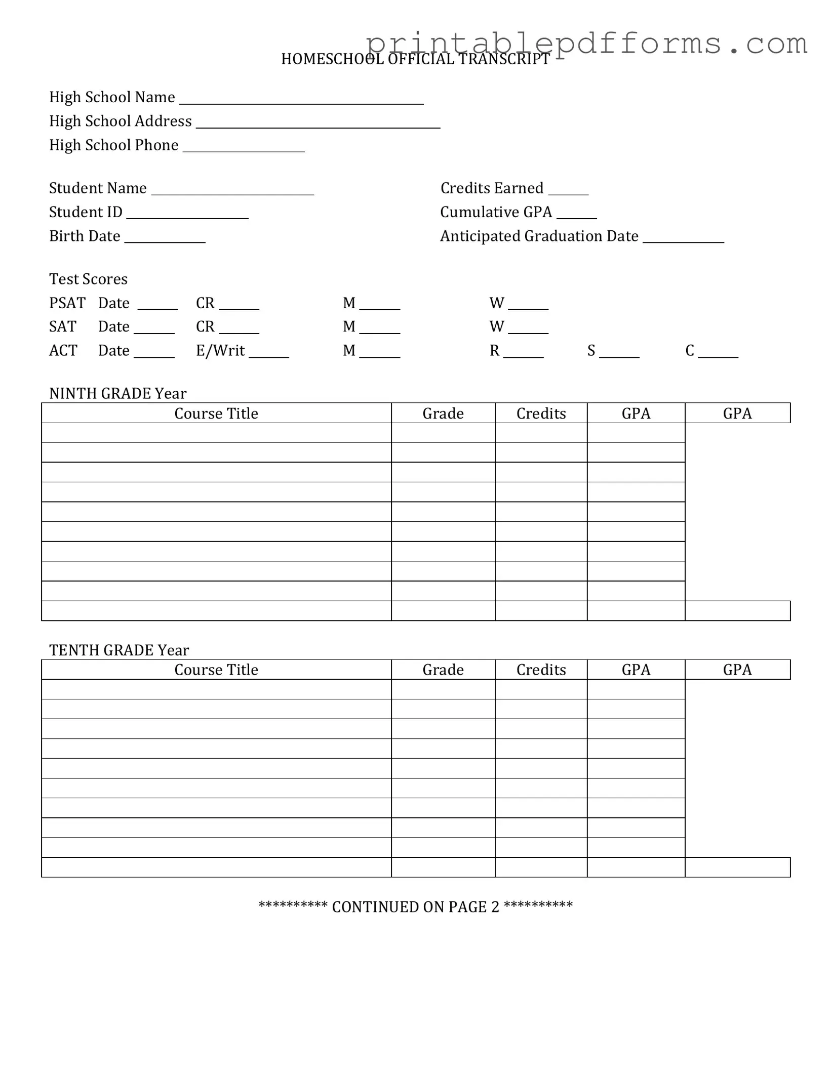 Fill a Valid High School Transcript Form