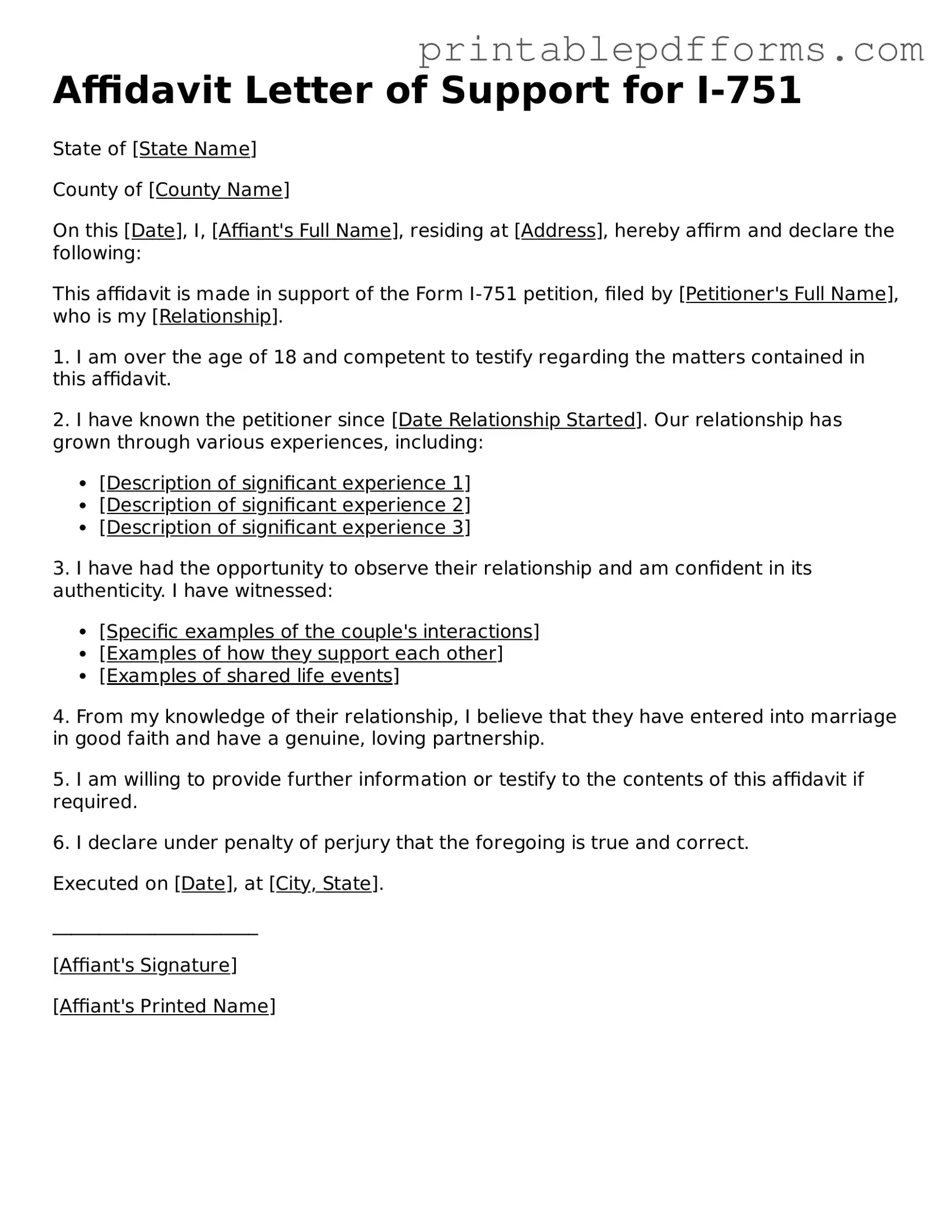 Blank Affidavit Letter of Support for I-751 Form
