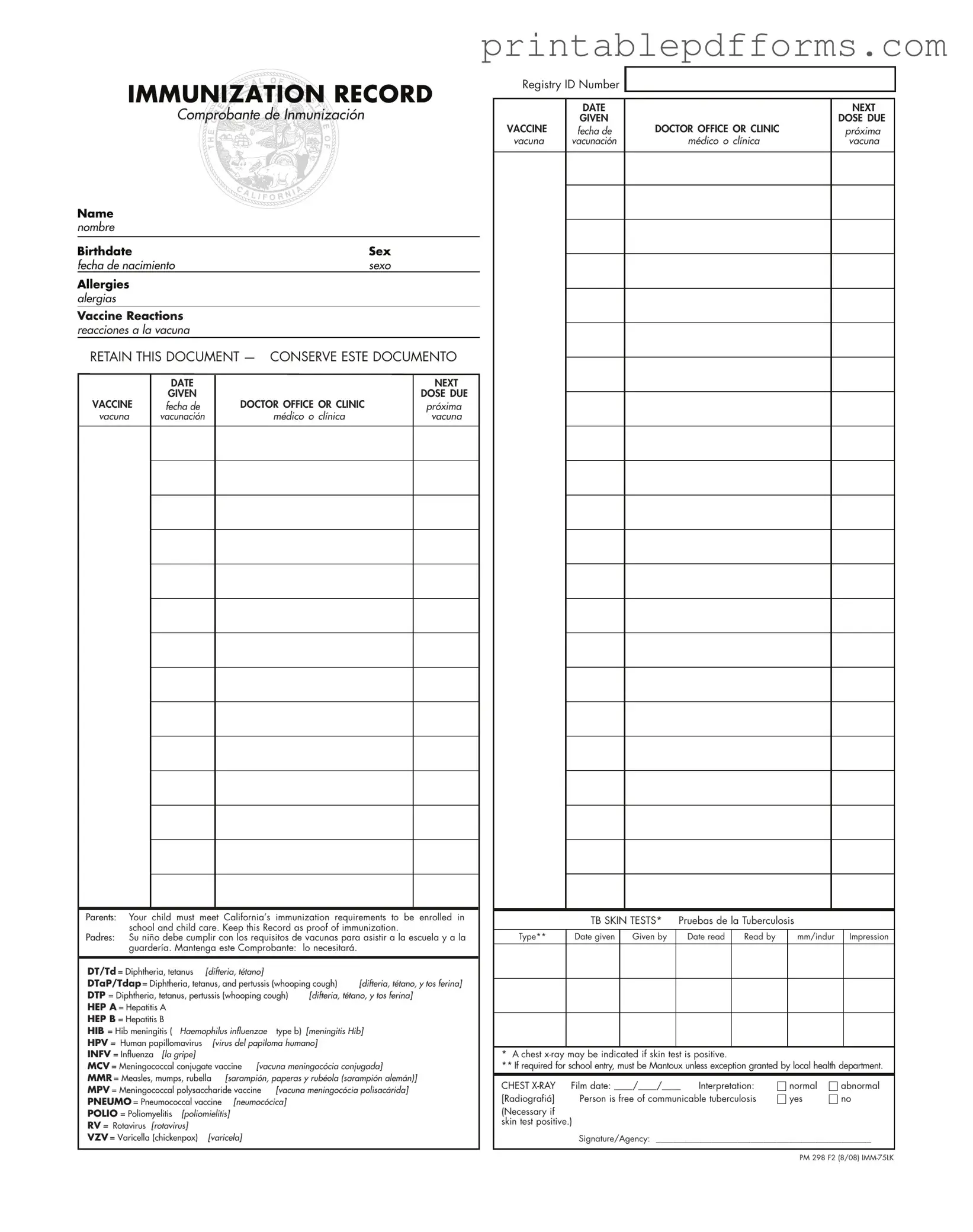 Fill a Valid Immunization Record Form