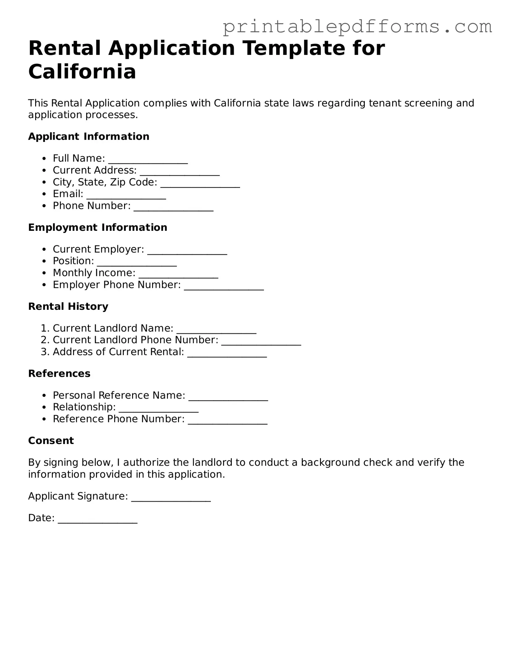 Blank Rental Application Form