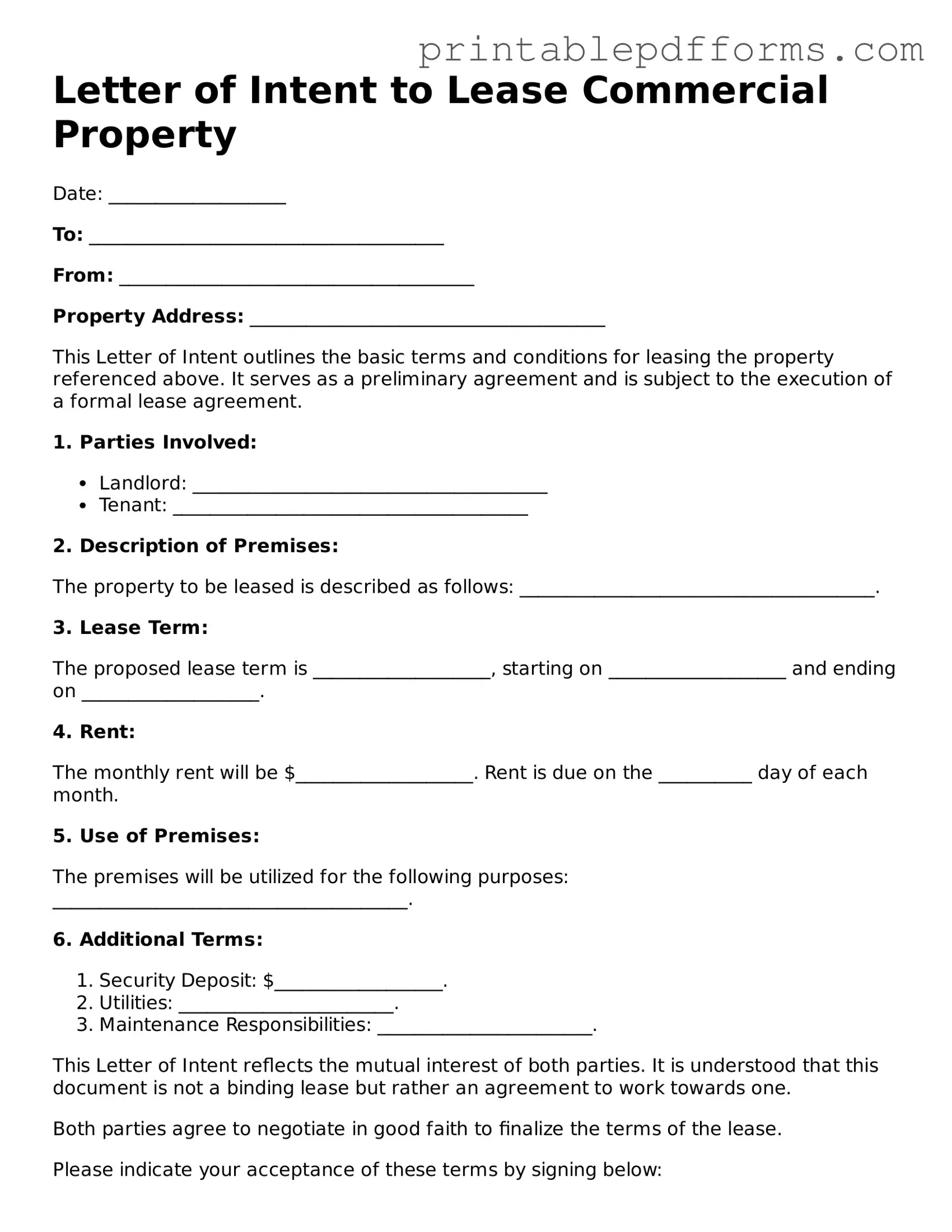 Blank Letter of Intent to Lease Commercial Property Form