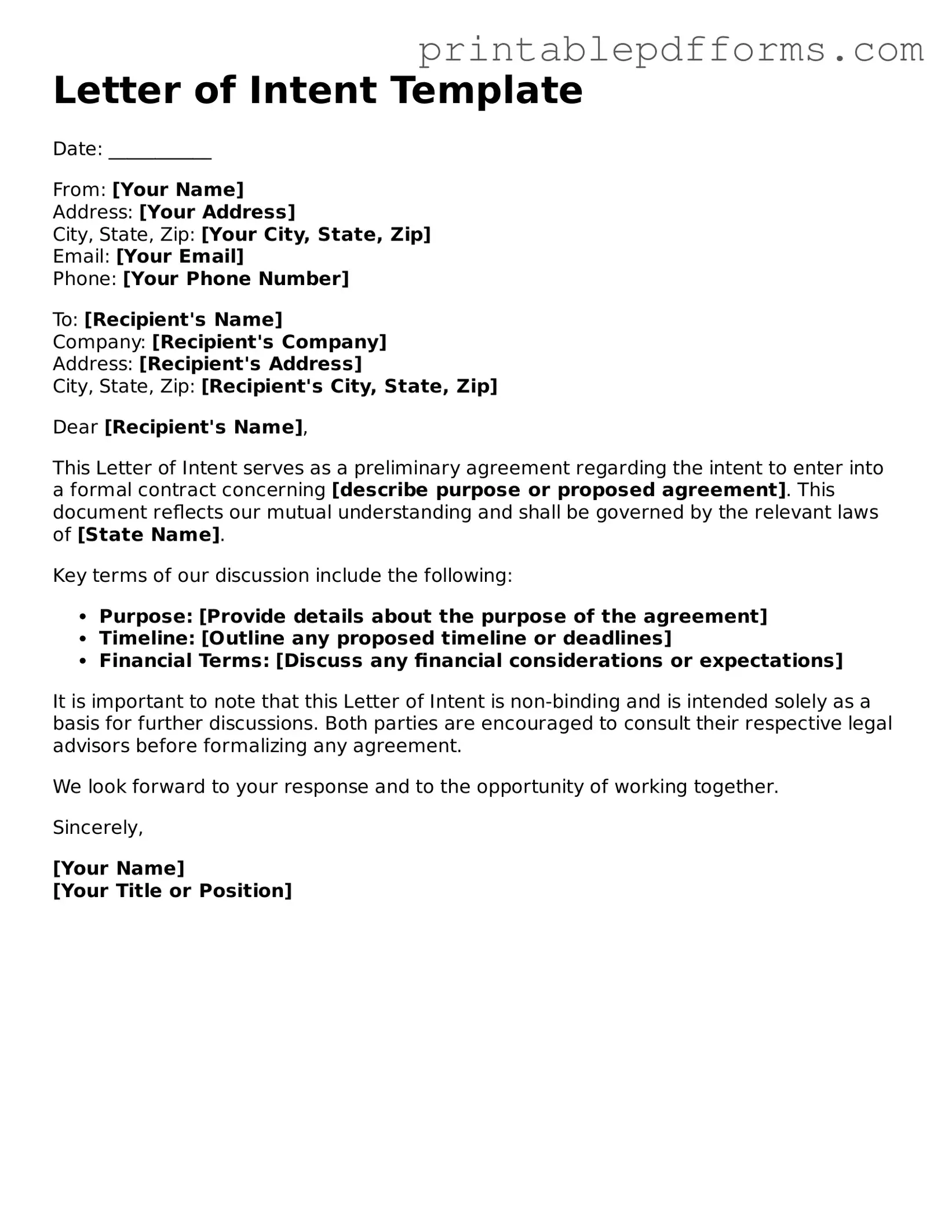 Blank Letter of Intent Form