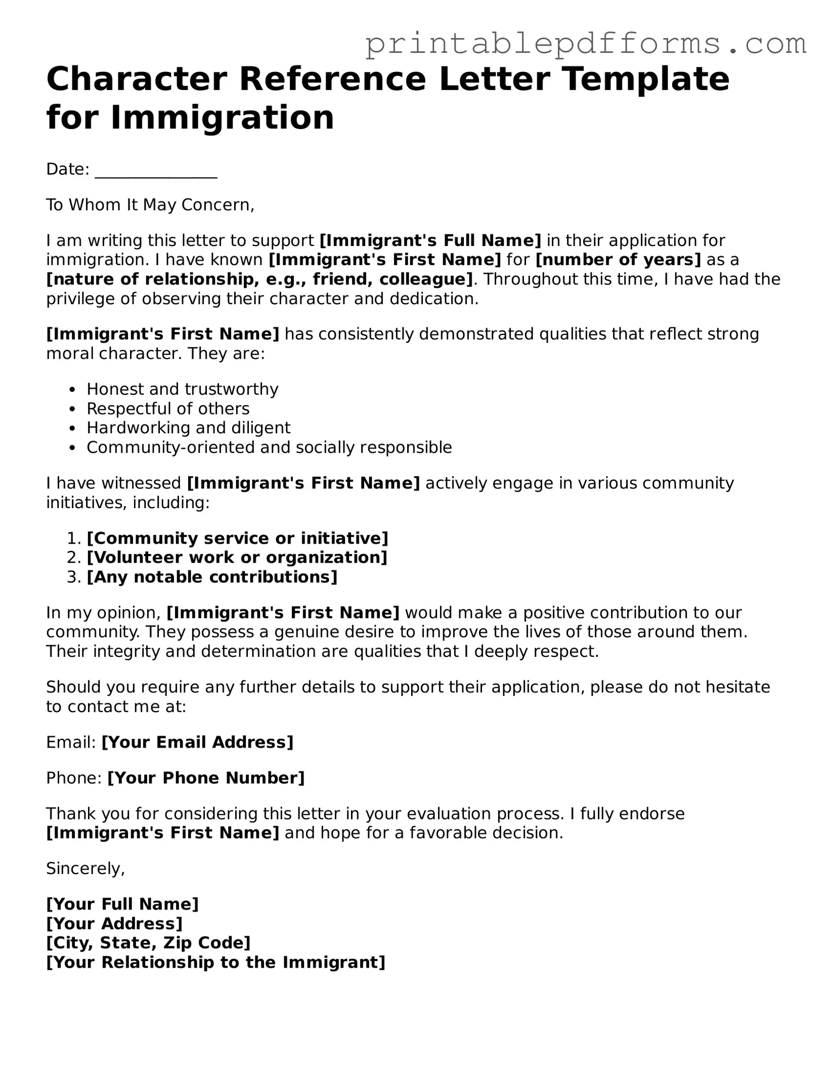Blank Character Reference Letter for Immigration Form