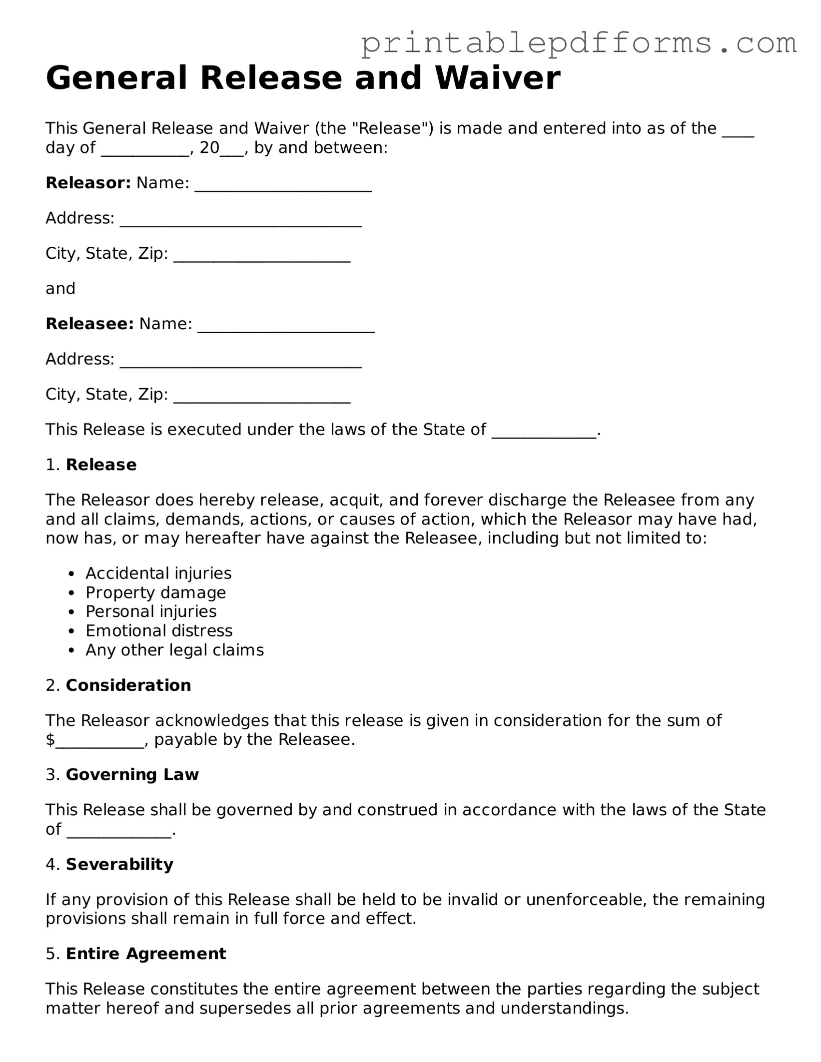 Blank General Release and Waiver Form