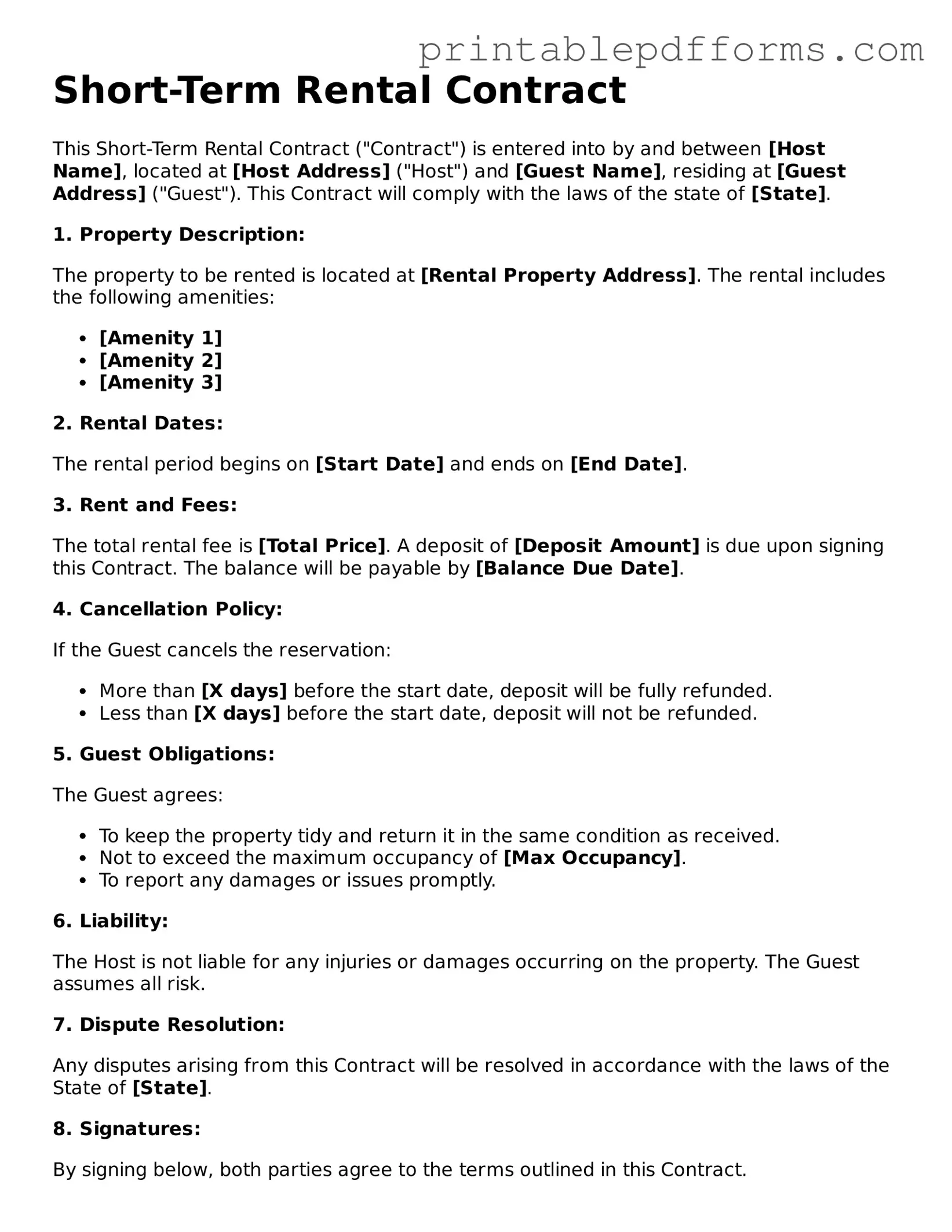 Blank Short-Term Rental Contract Form