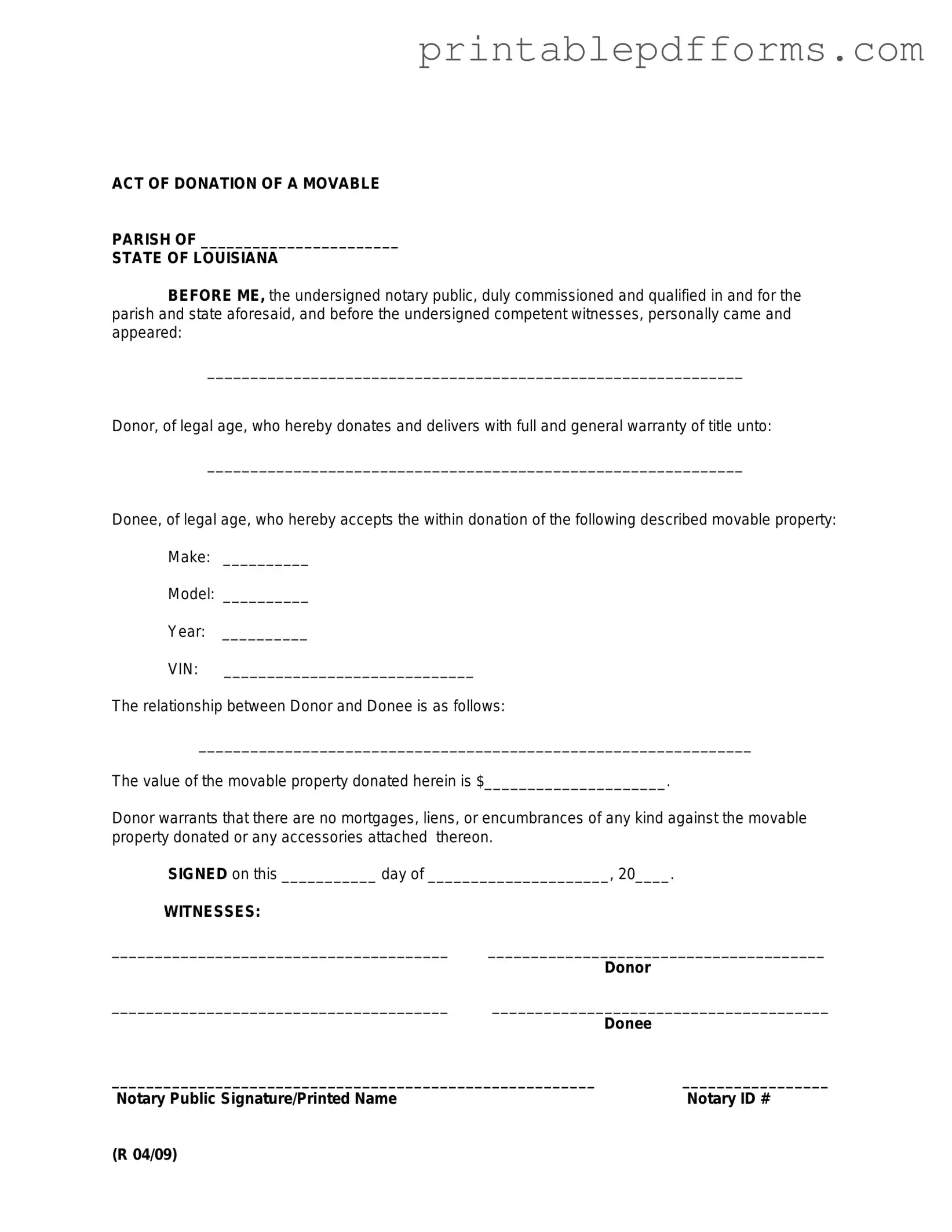 Fill a Valid Louisiana act of donation Form
