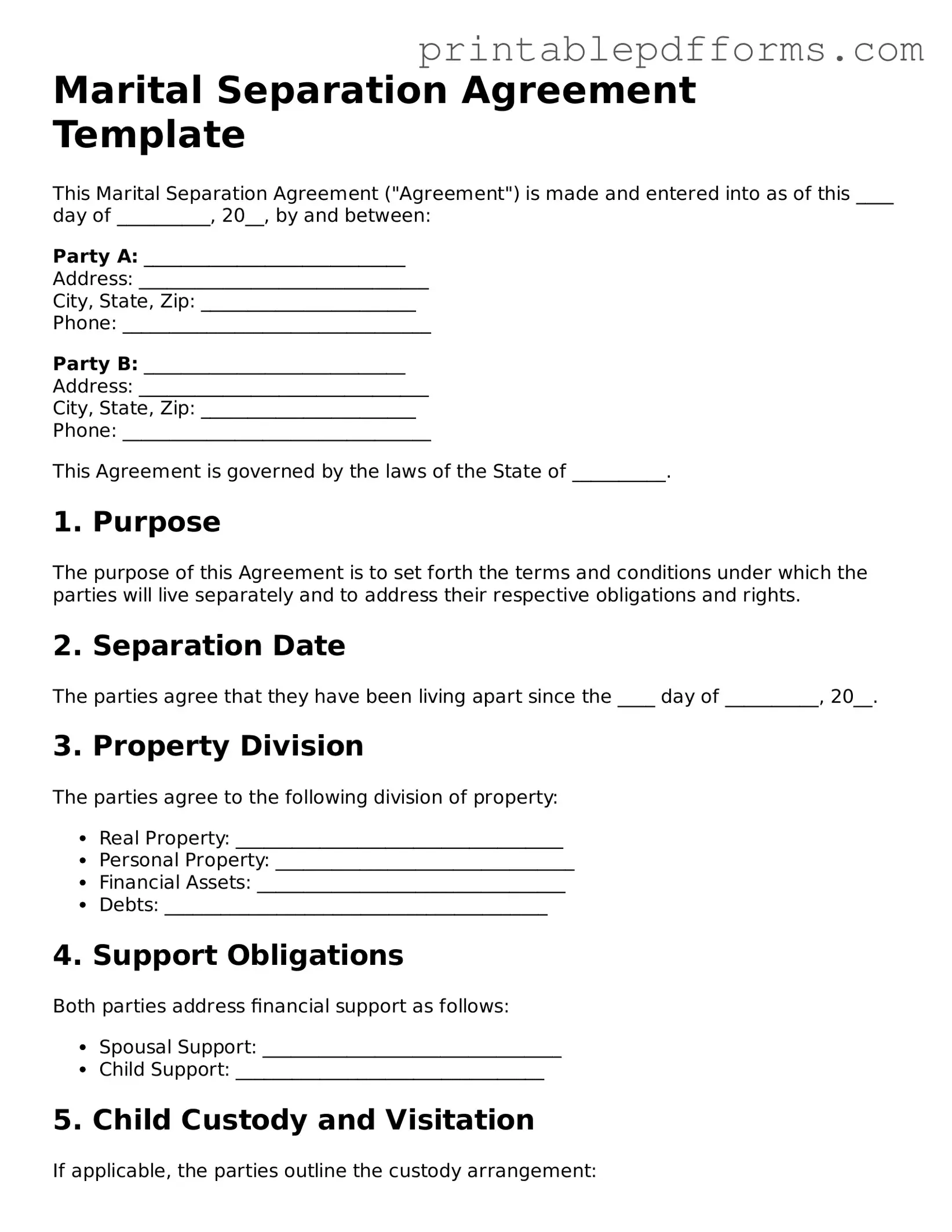 Blank Marital Separation Agreement Form