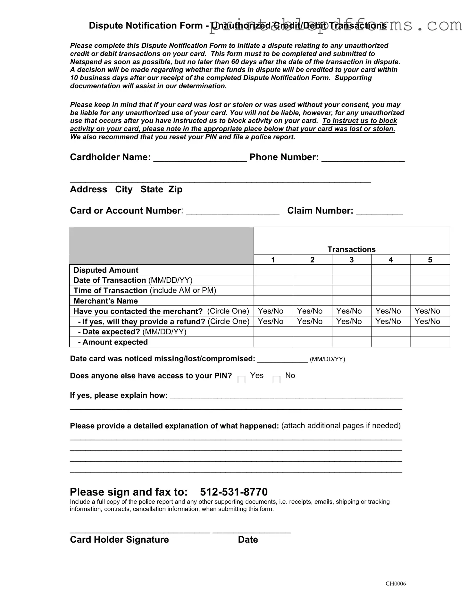 Fill a Valid Netspend Dispute Form