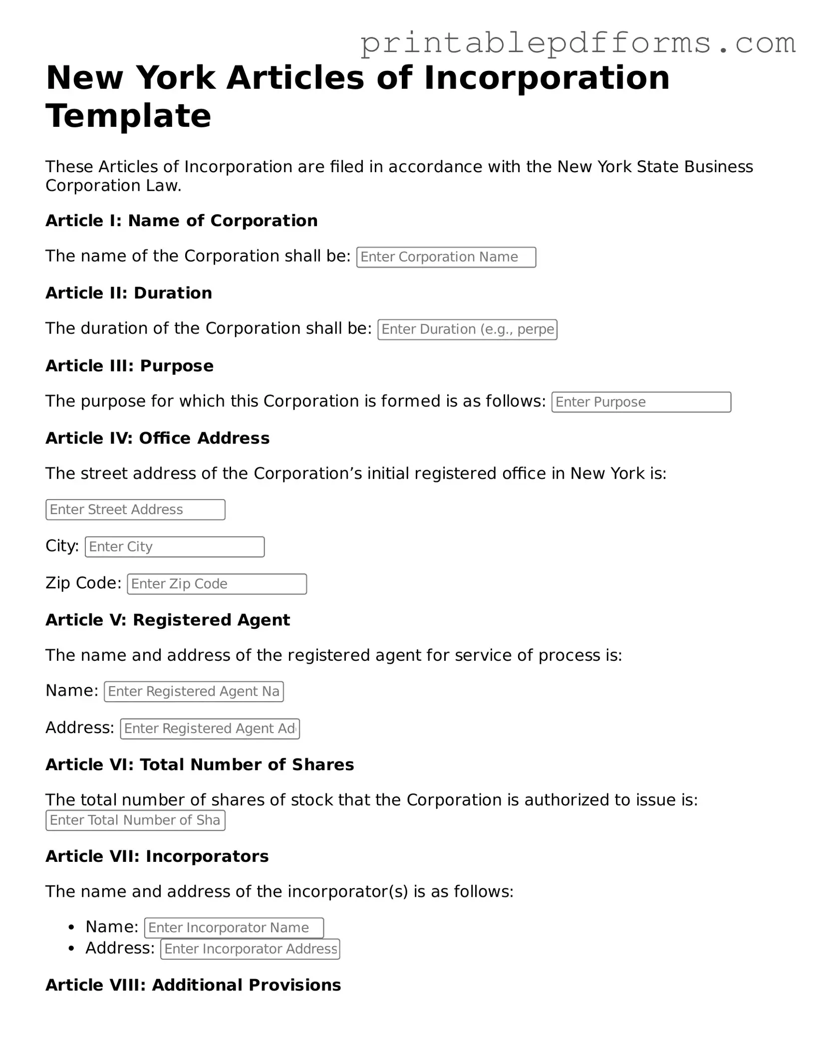 New York Articles of Incorporation Document
