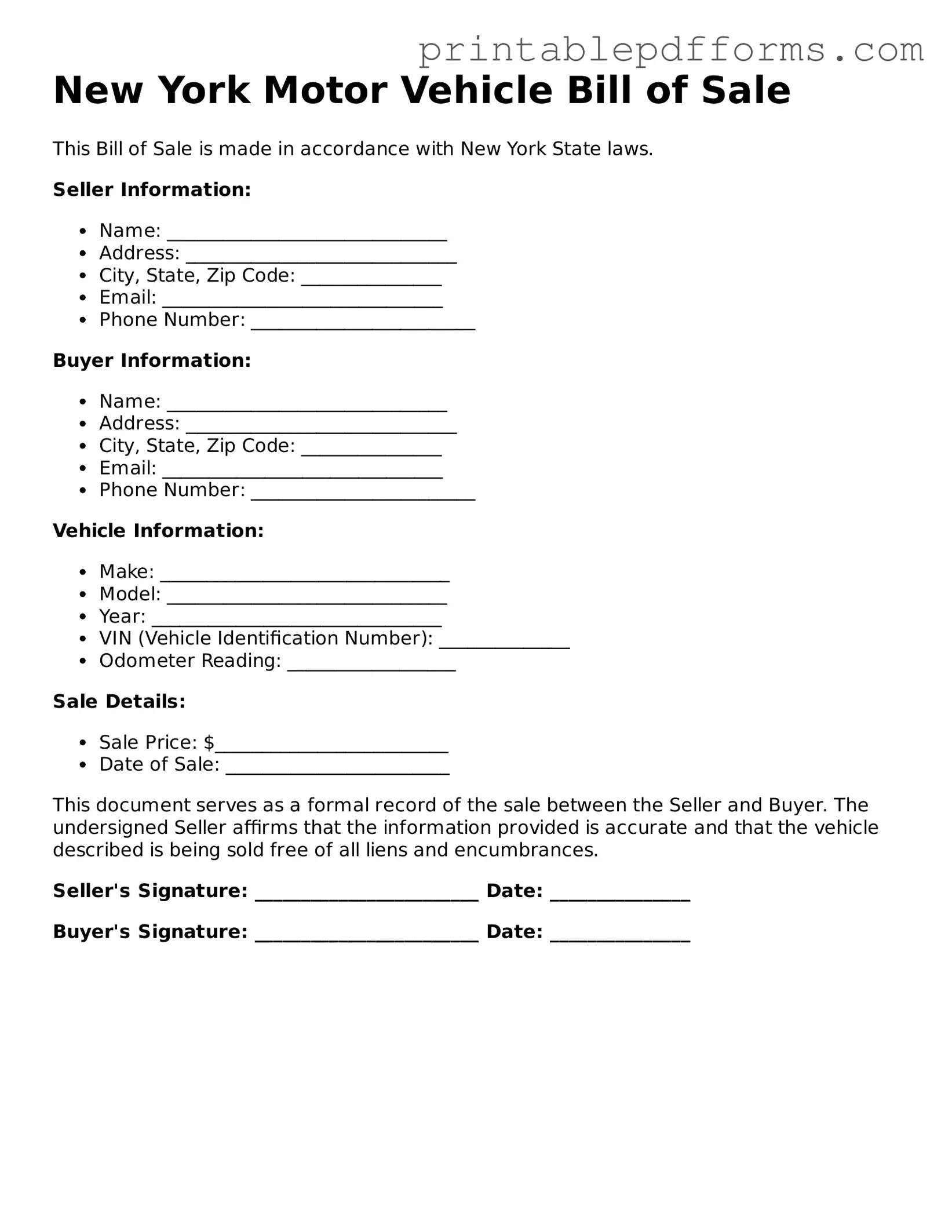 New York Motor Vehicle Bill of Sale Document