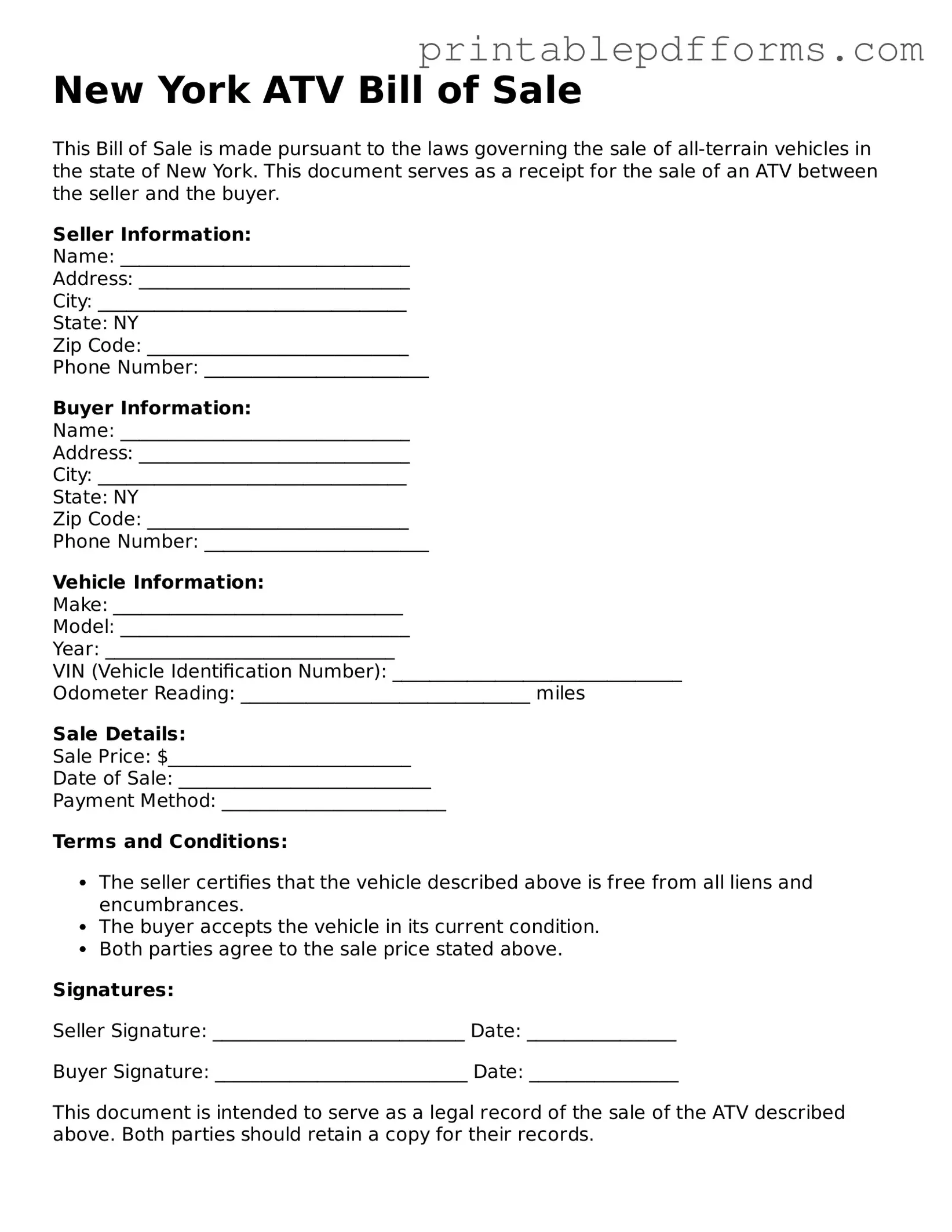 New York ATV Bill of Sale Document