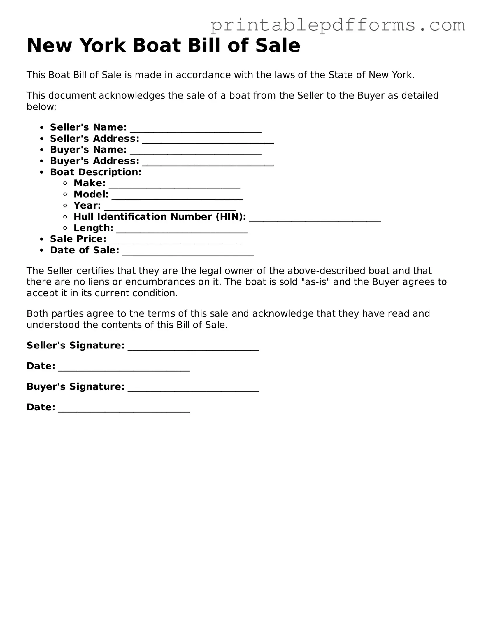 New York Boat Bill of Sale Document