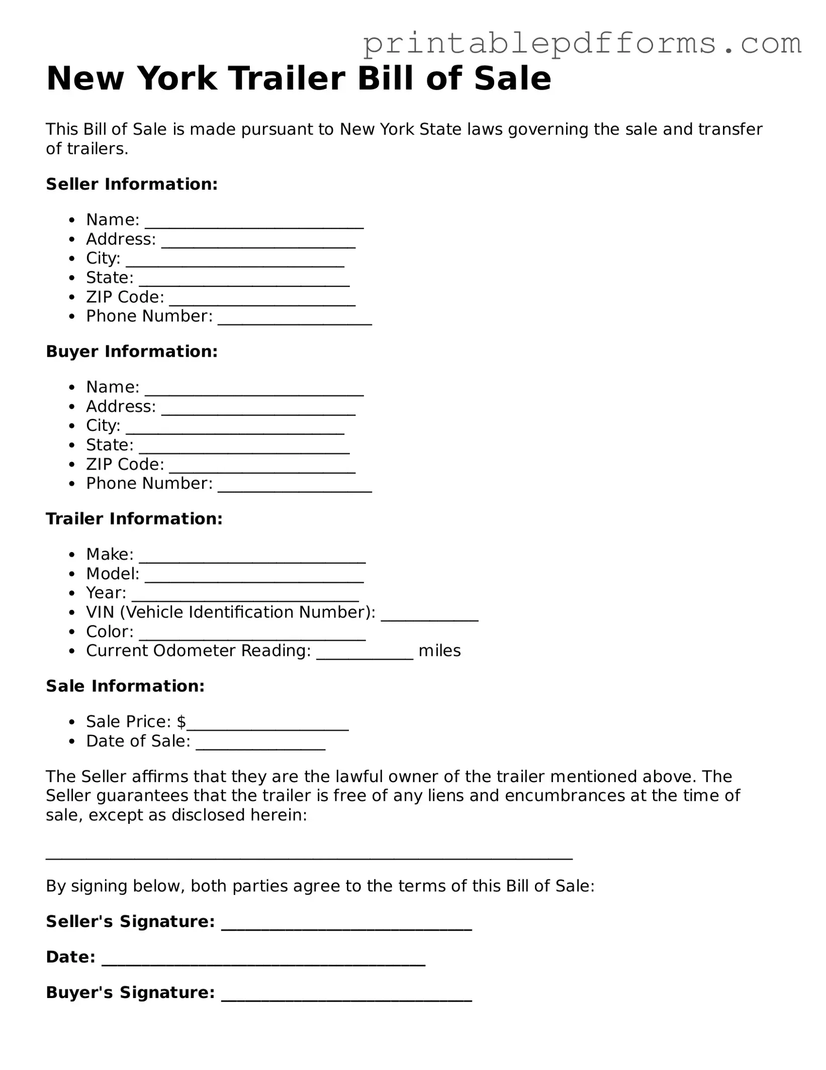 New York Trailer Bill of Sale Document