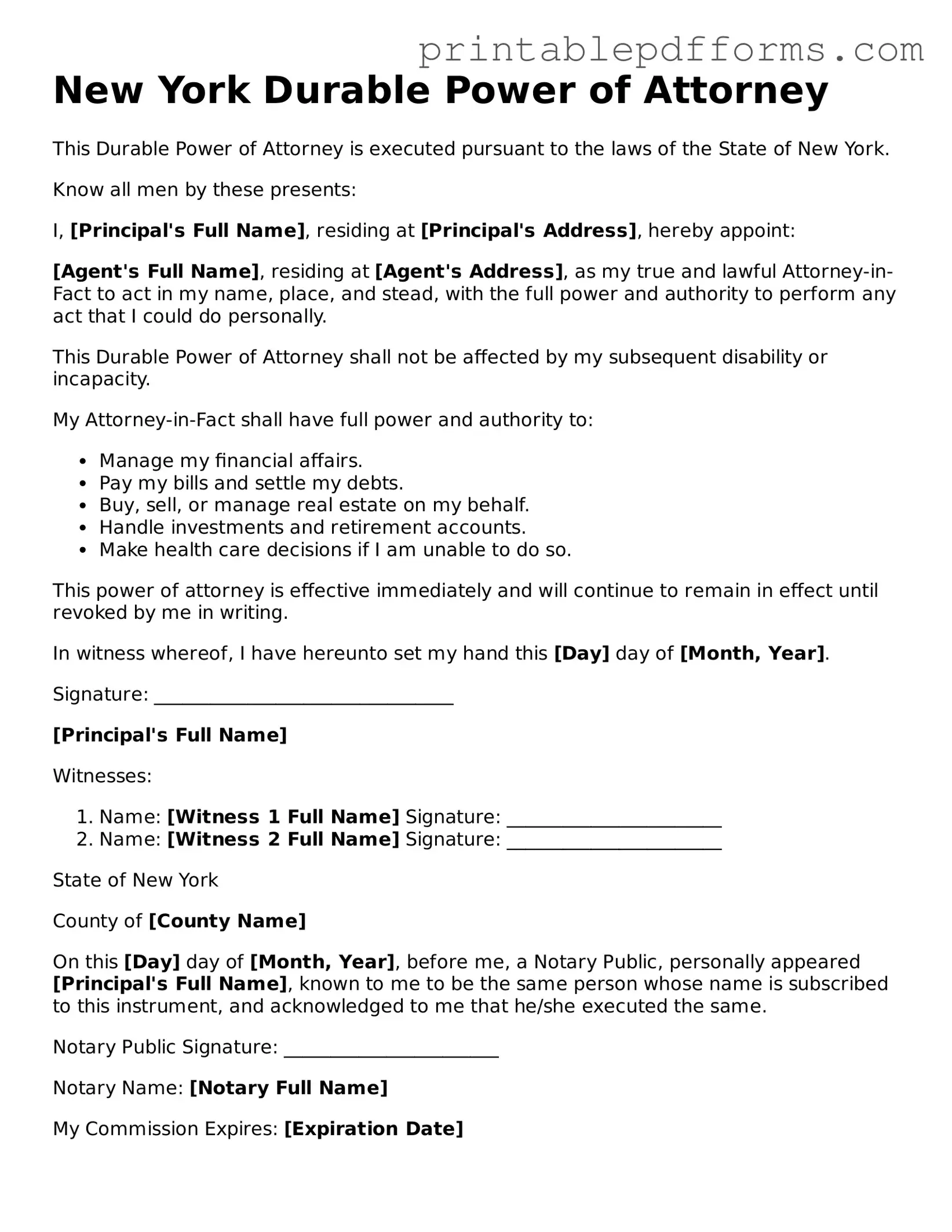 New York Durable Power of Attorney Document