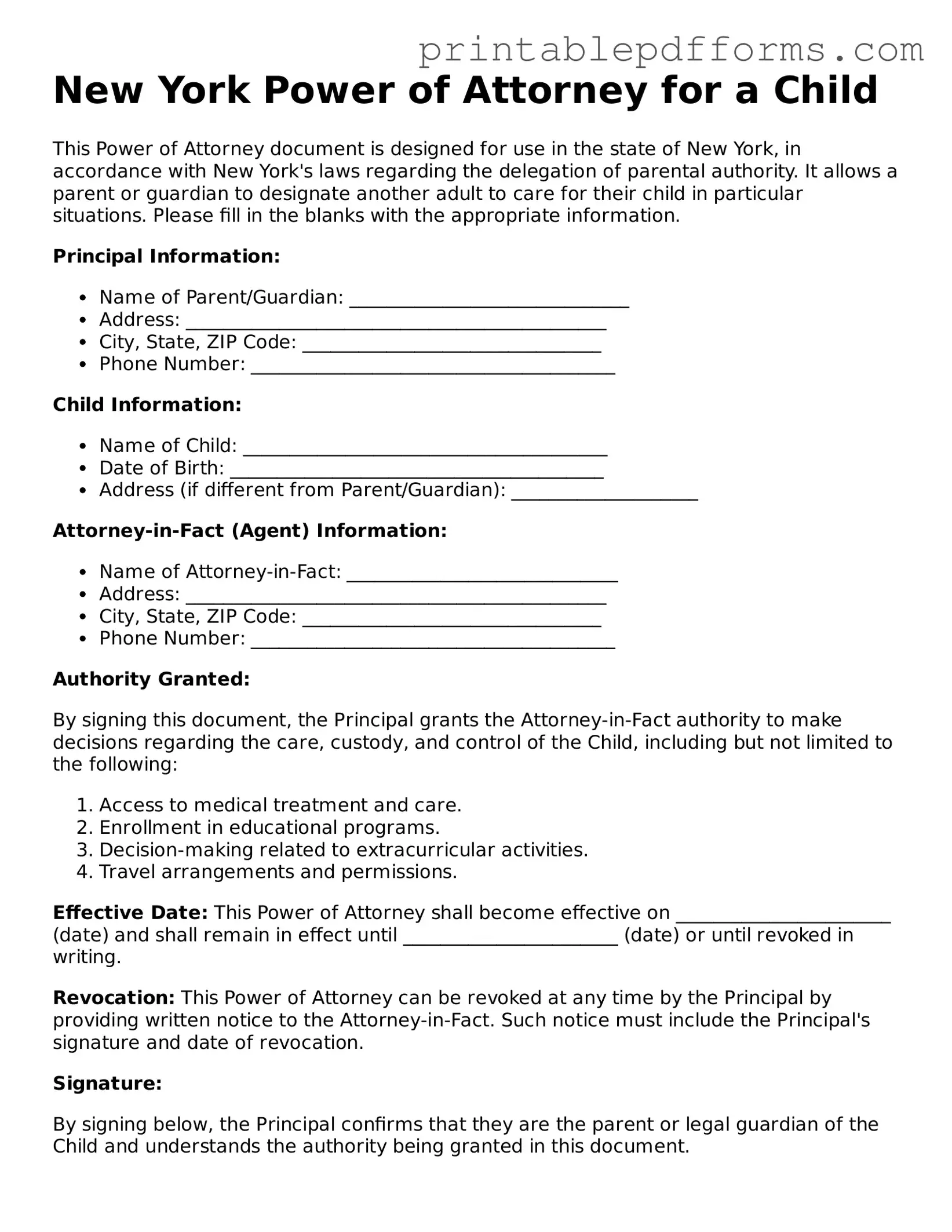 New York Power of Attorney for a Child Document