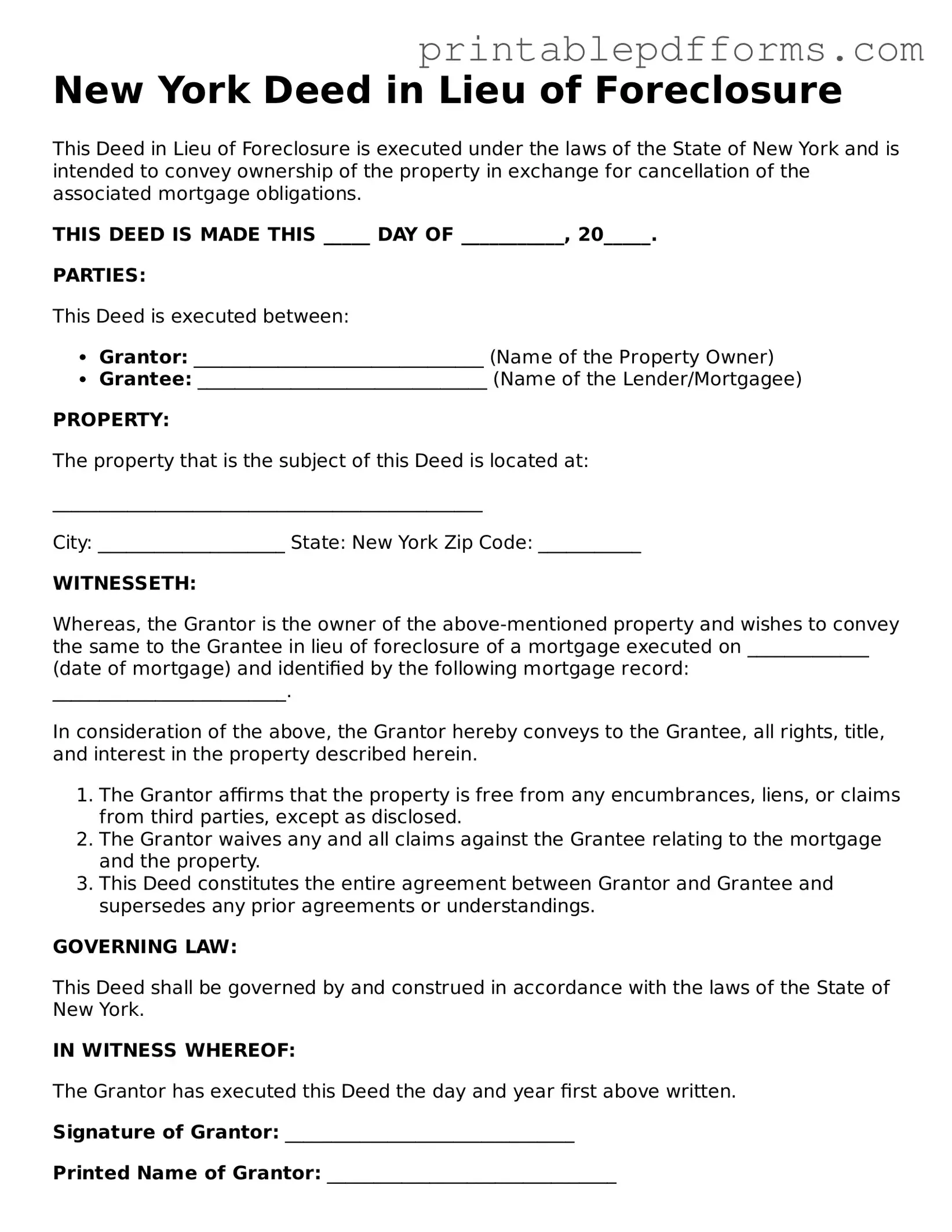 New York Deed in Lieu of Foreclosure Document