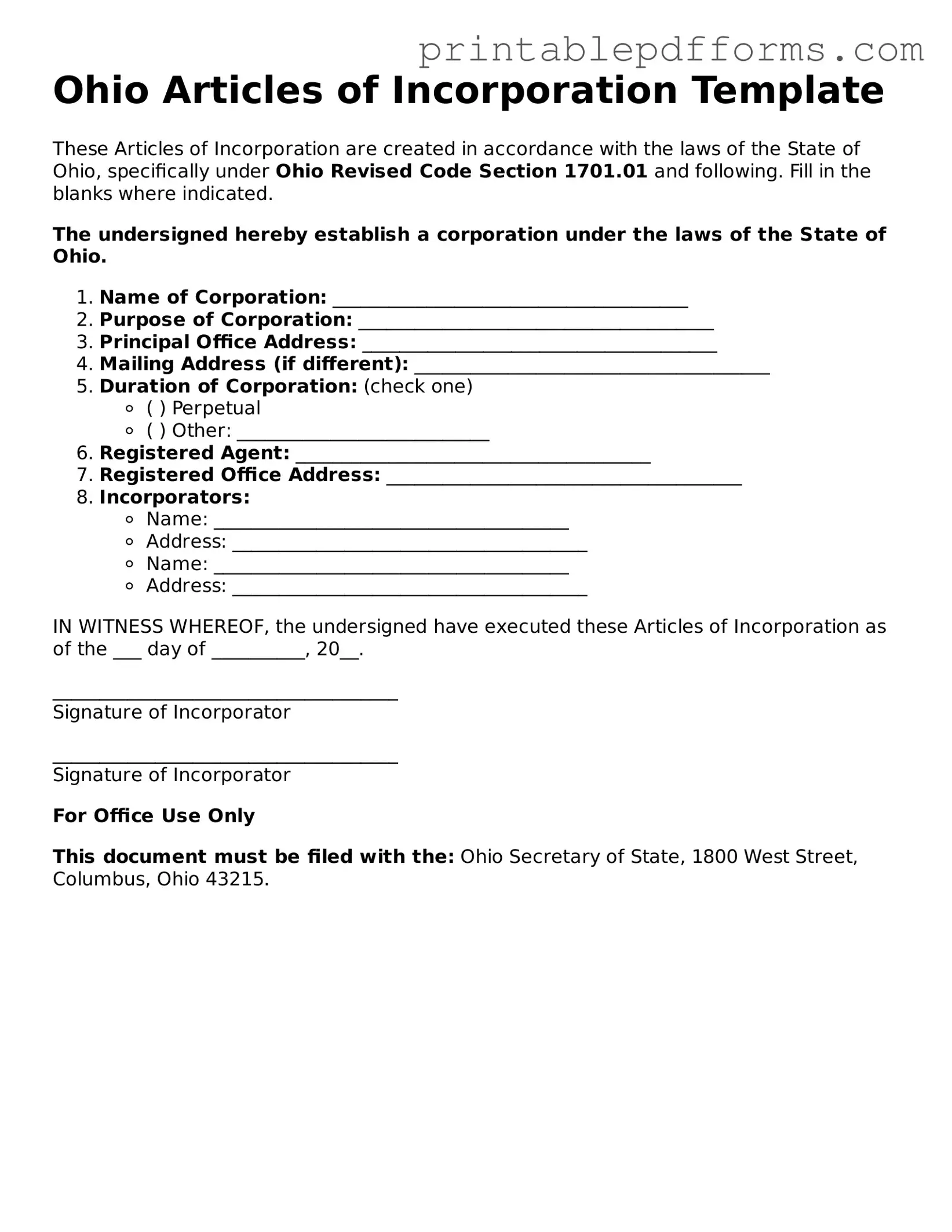 Ohio Articles of Incorporation Document