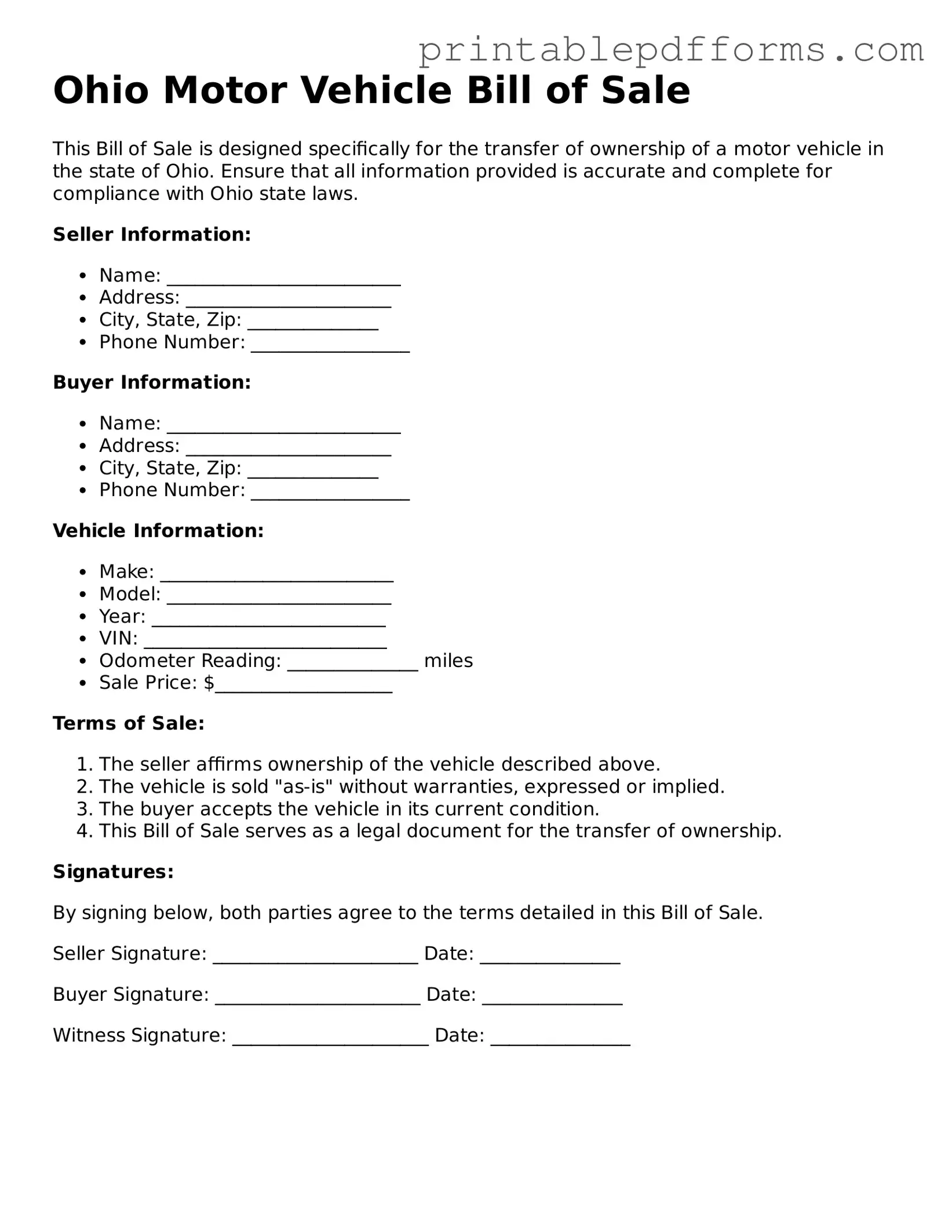 Ohio Motor Vehicle Bill of Sale Document