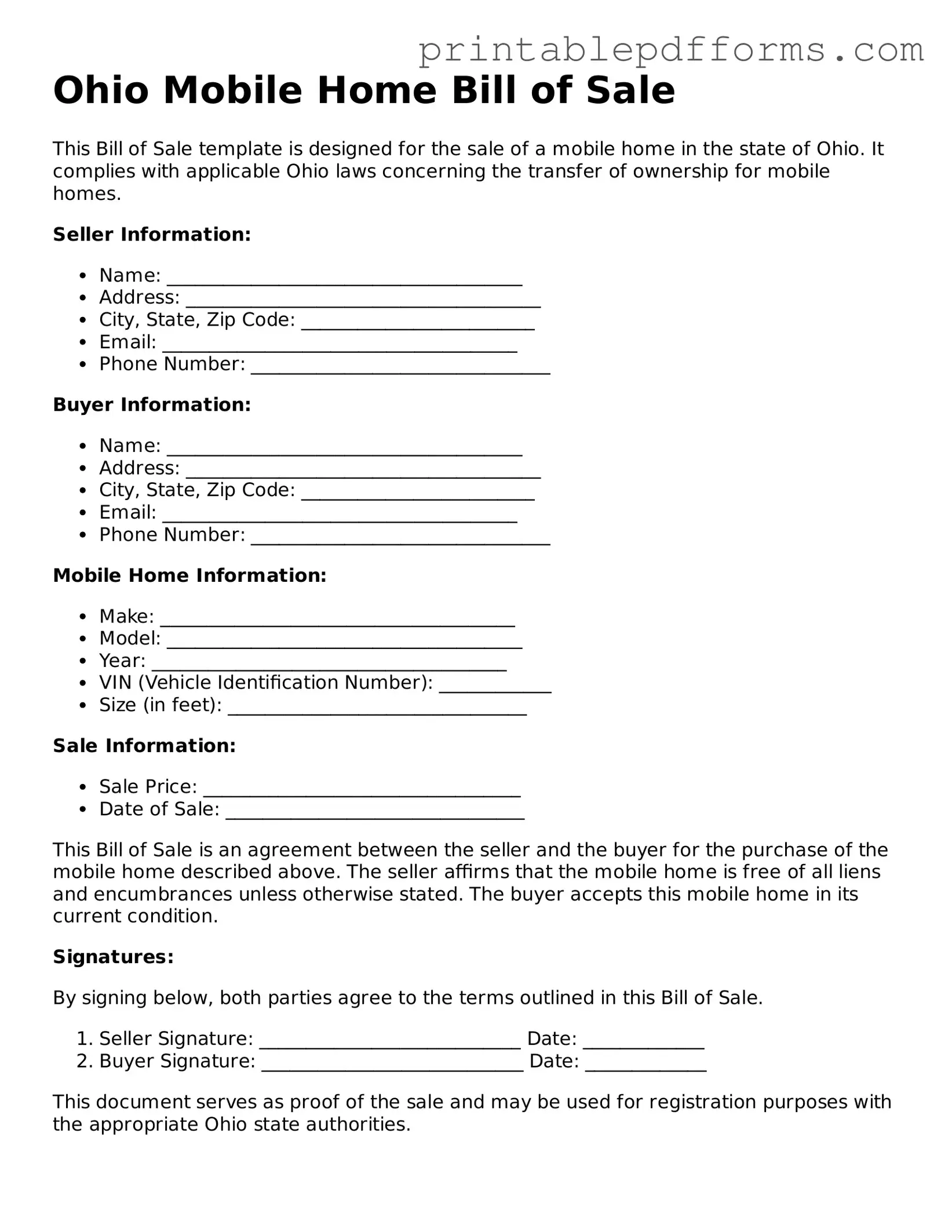 Ohio Mobile Home Bill of Sale Document