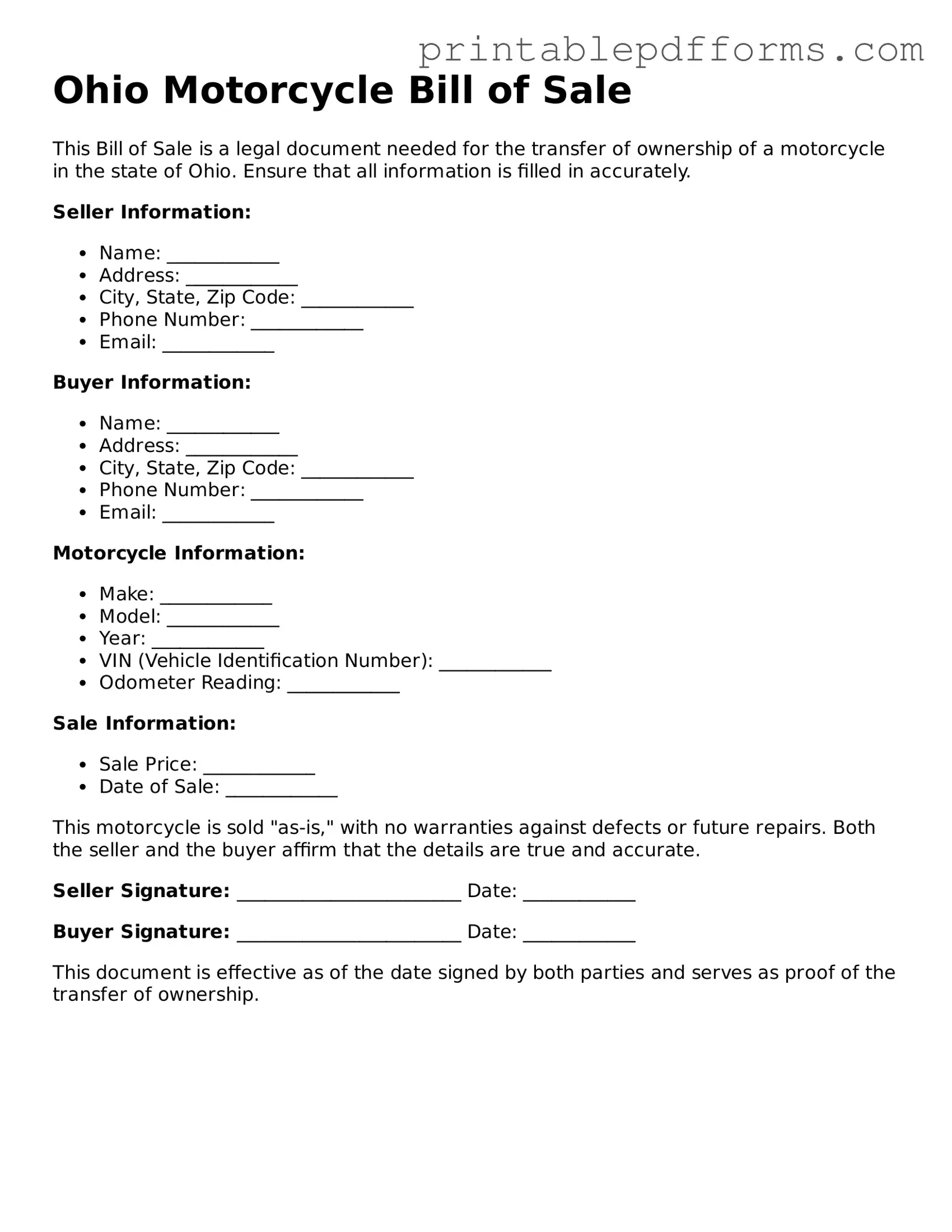 Ohio Motorcycle Bill of Sale Document