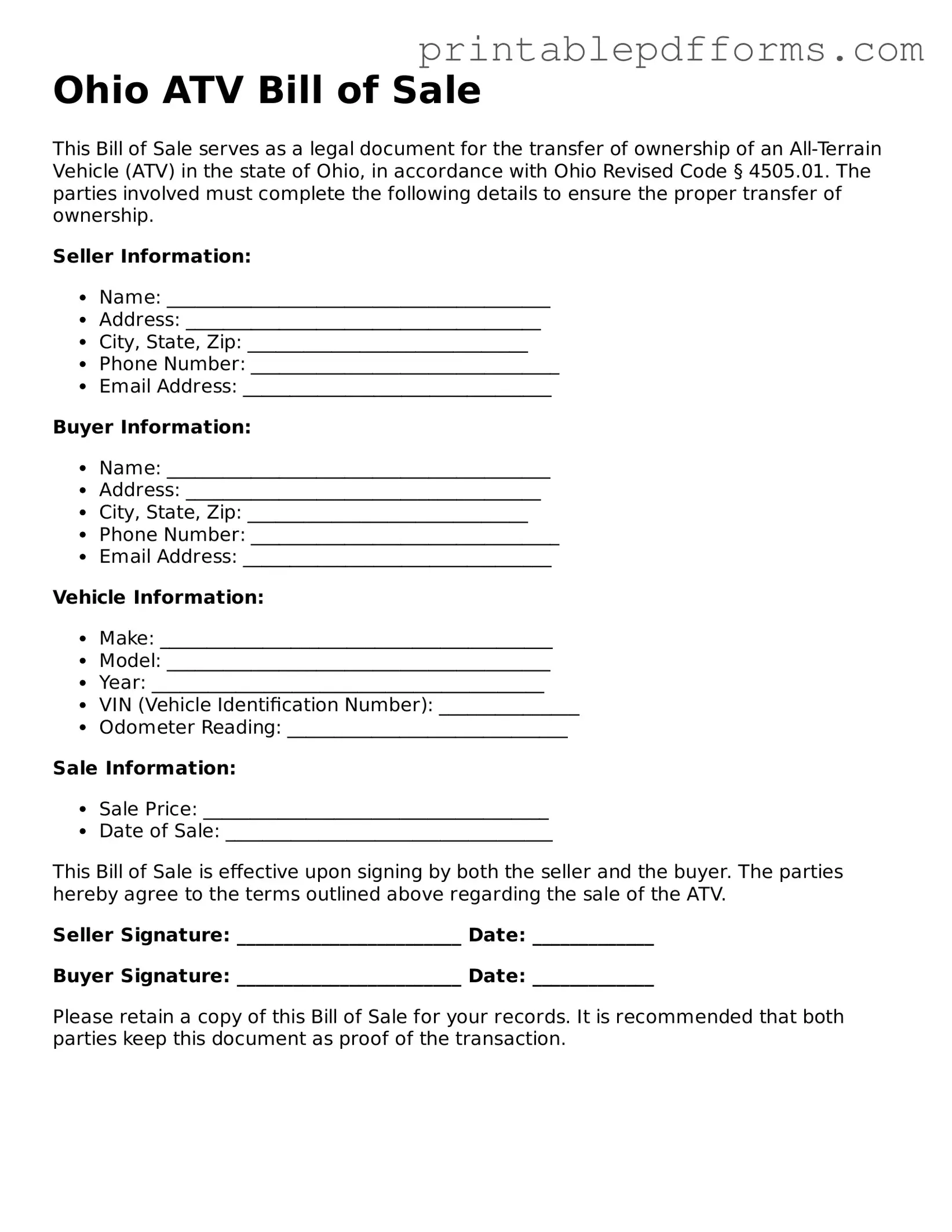 Ohio ATV Bill of Sale Document