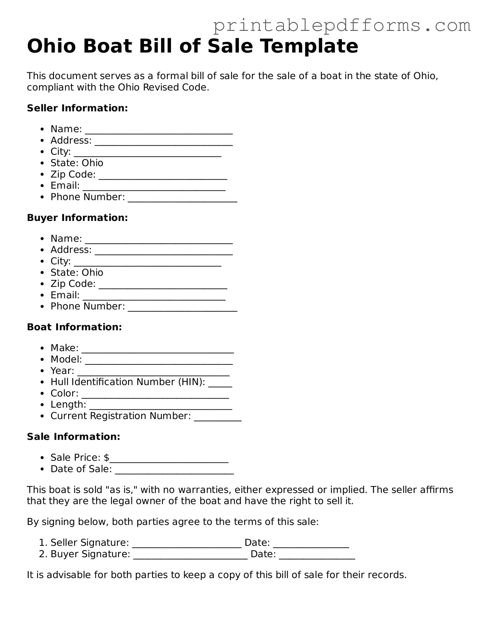 Ohio Boat Bill of Sale Document