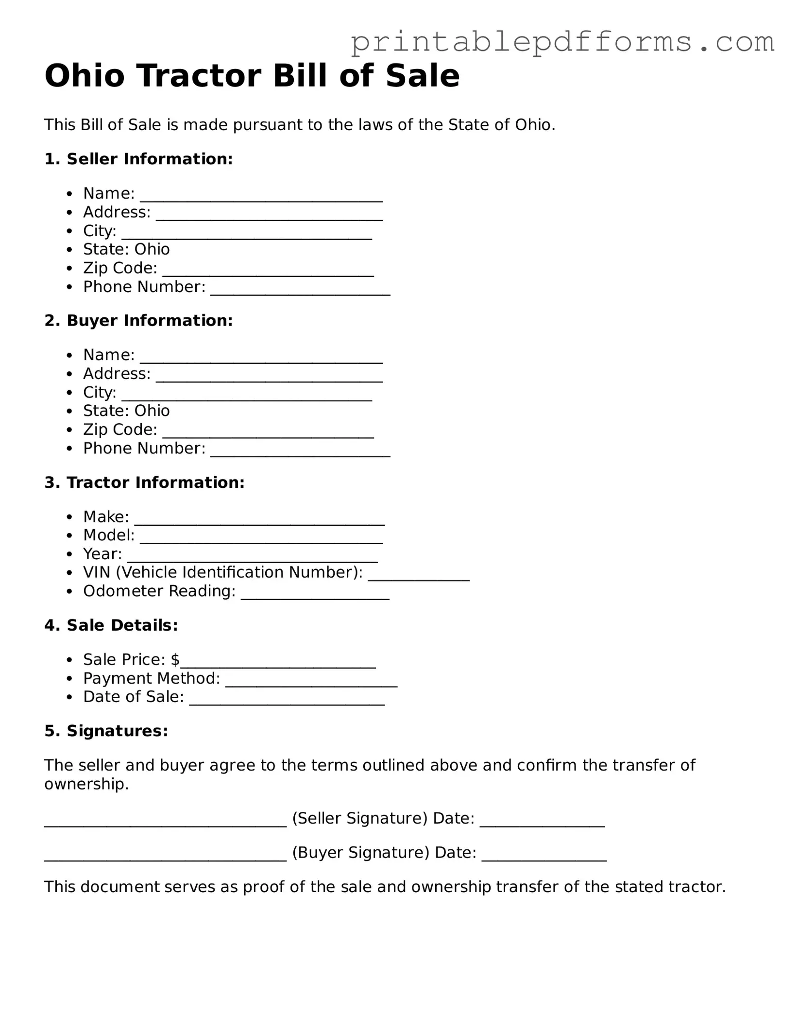 Ohio Tractor Bill of Sale Document
