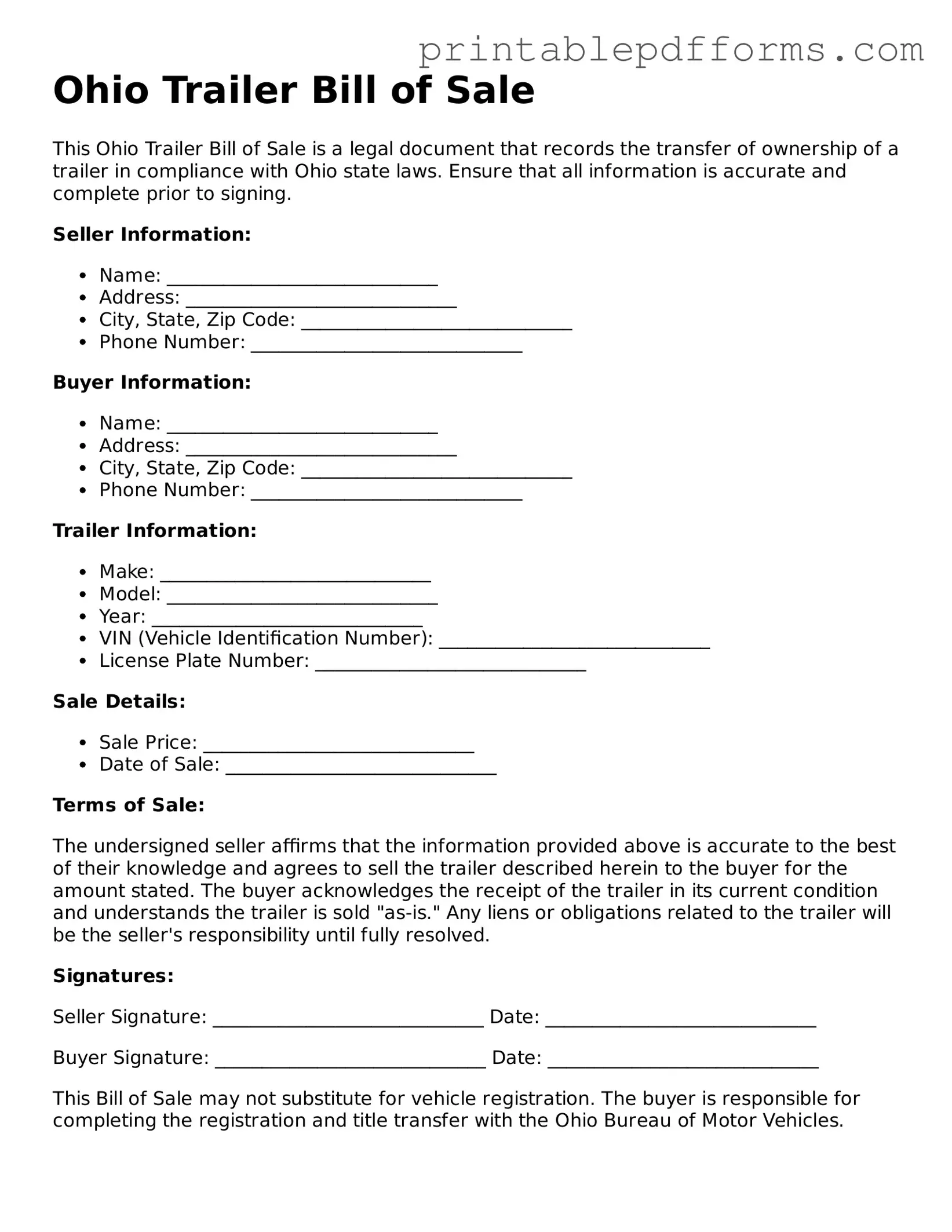 Ohio Trailer Bill of Sale Document