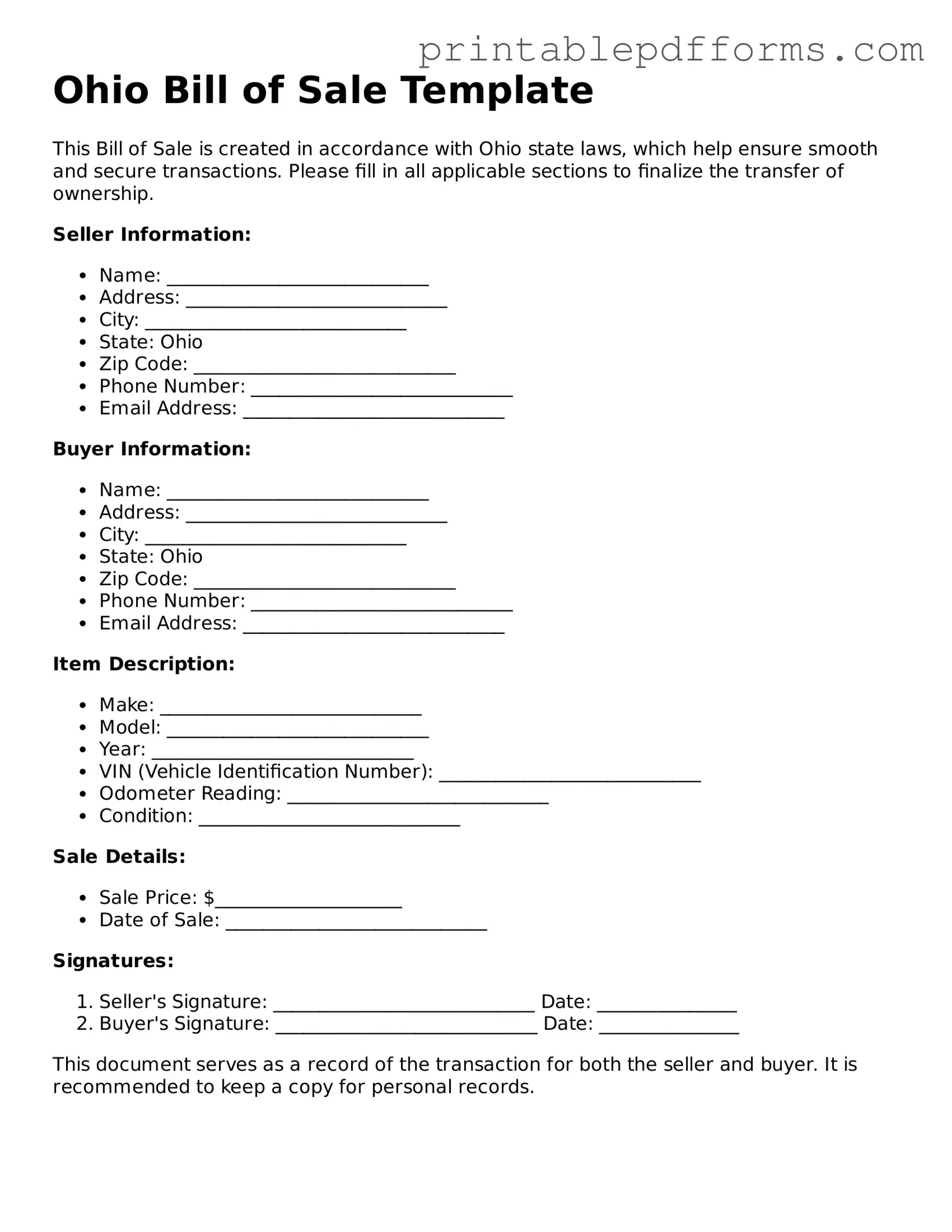Ohio Bill of Sale Document
