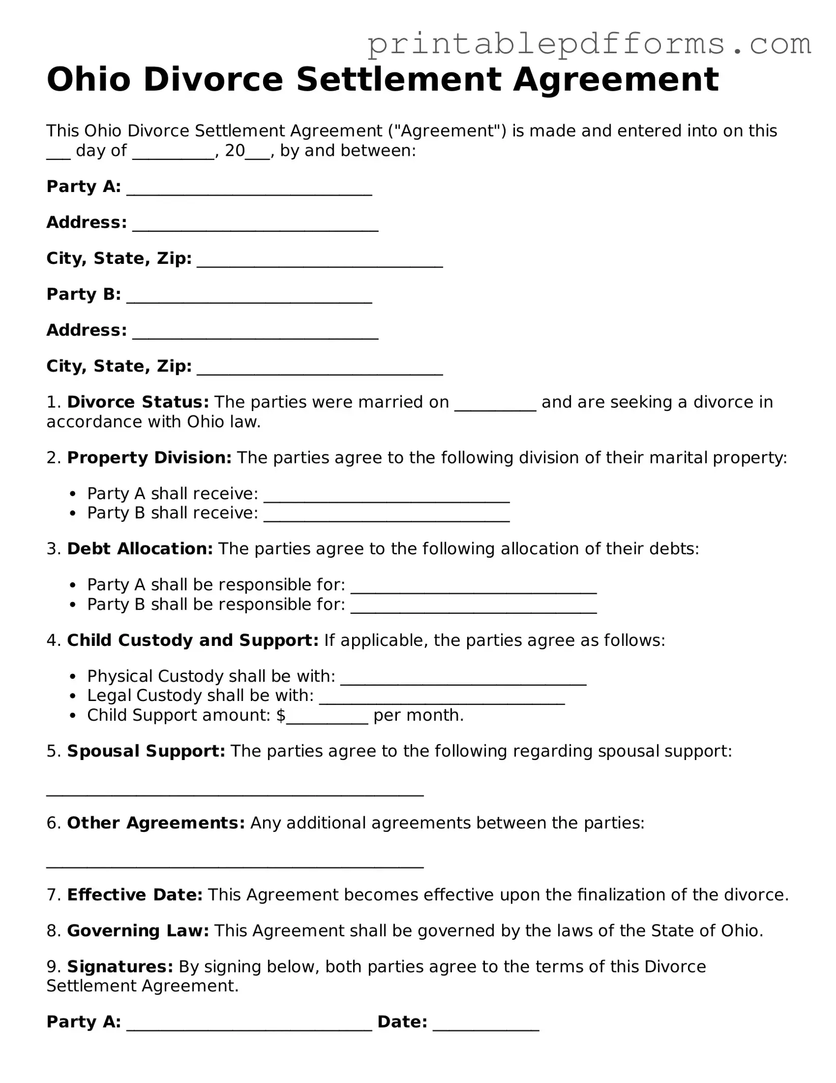 Ohio Divorce Settlement Agreement Document