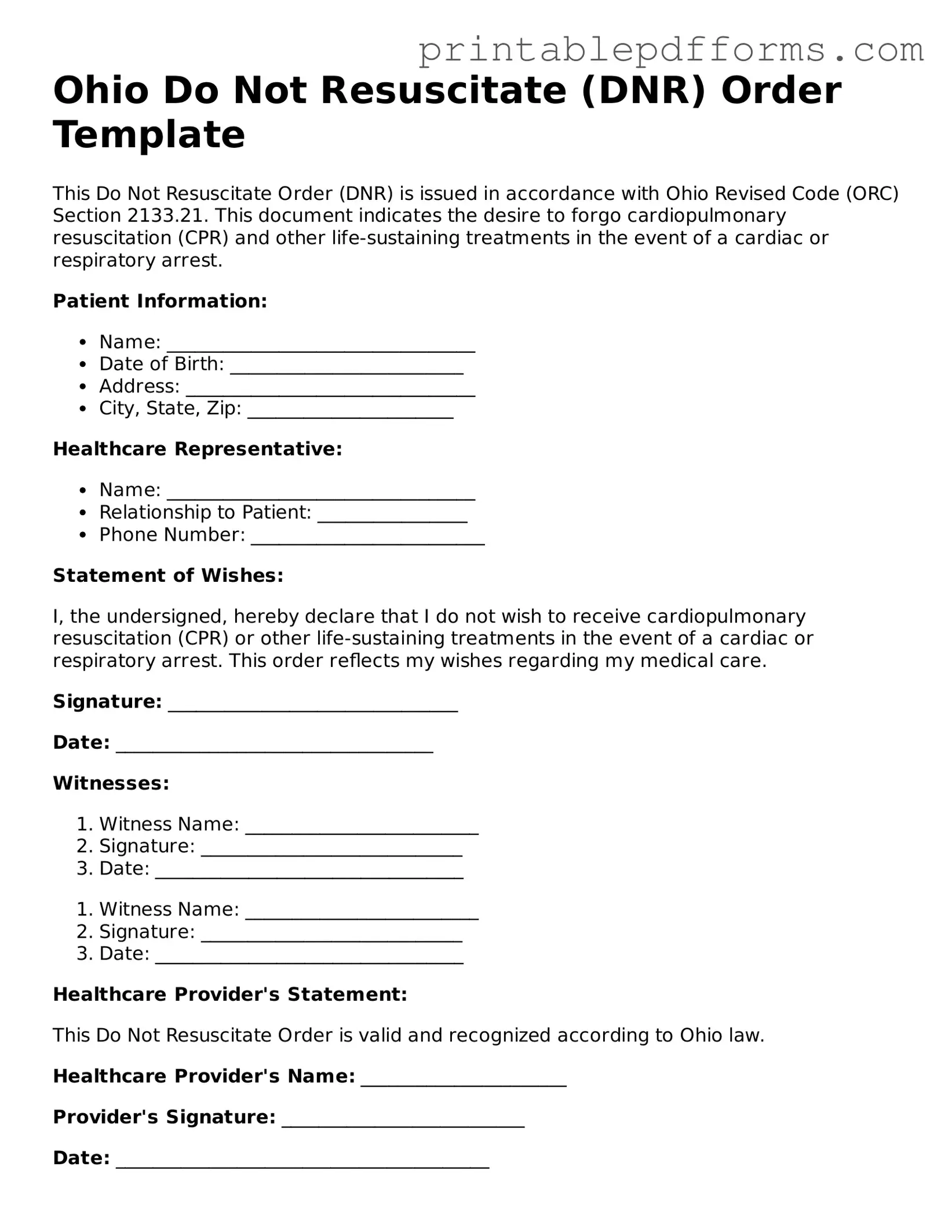 Ohio Do Not Resuscitate Order Document