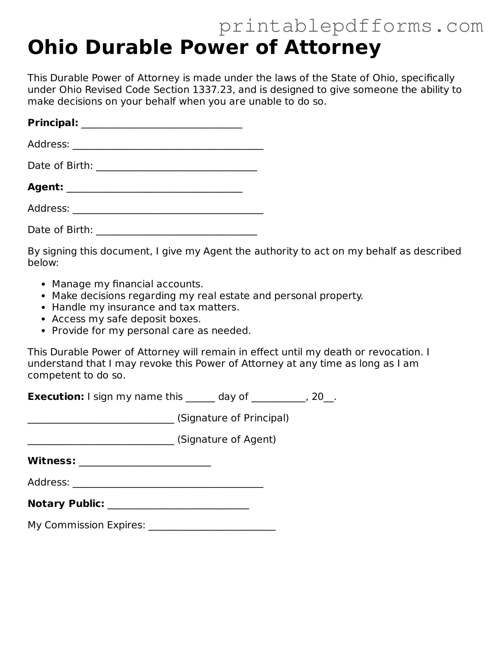 Ohio Durable Power of Attorney Document