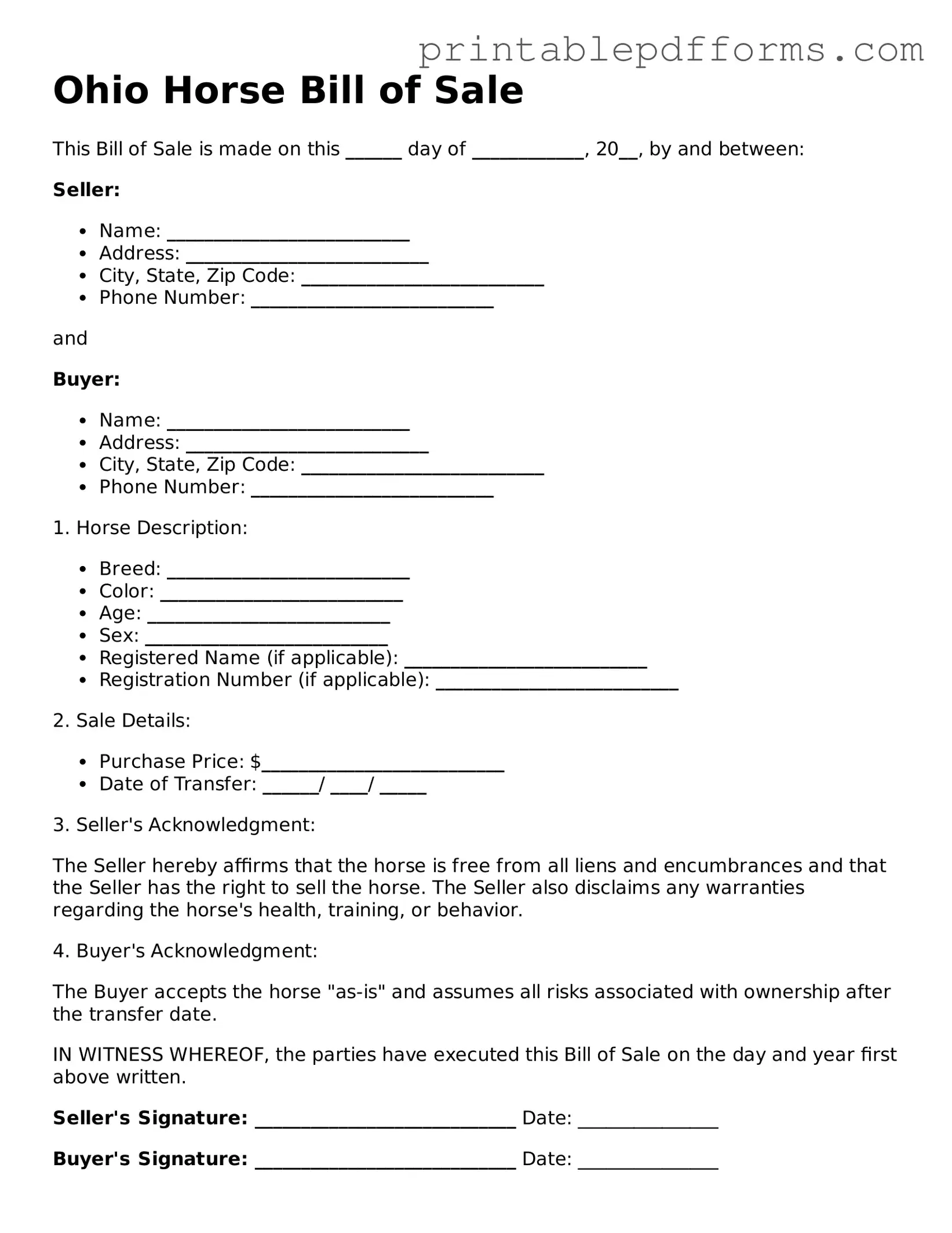 Ohio Horse Bill of Sale Document