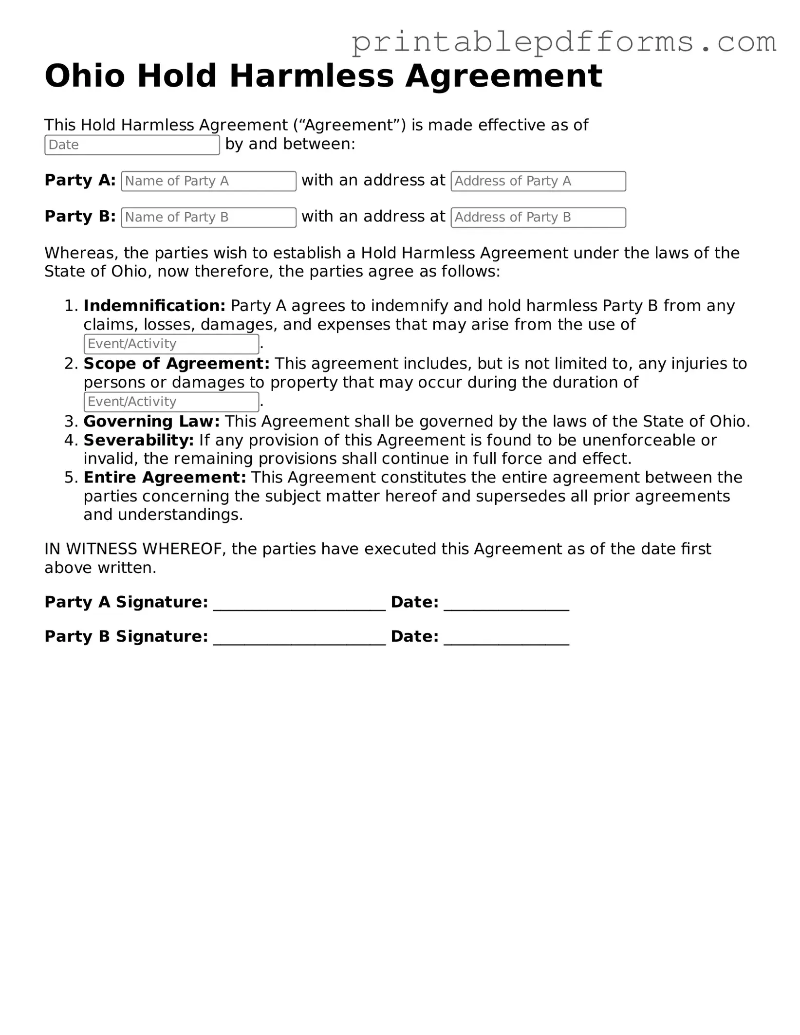 Ohio Hold Harmless Agreement Document