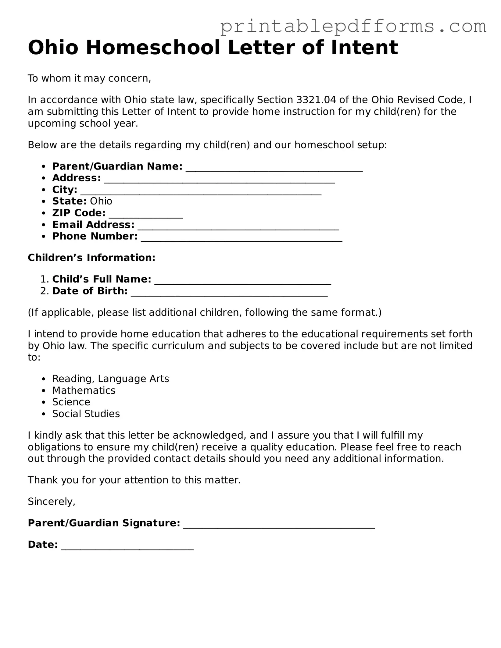 Ohio Homeschool Letter of Intent Document