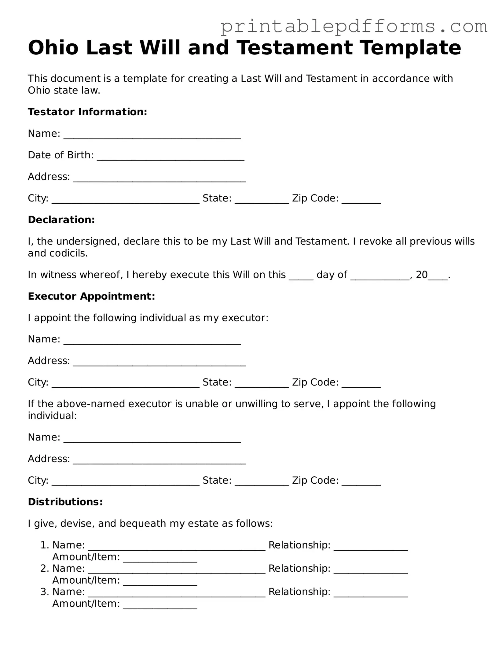 Ohio Last Will and Testament Document
