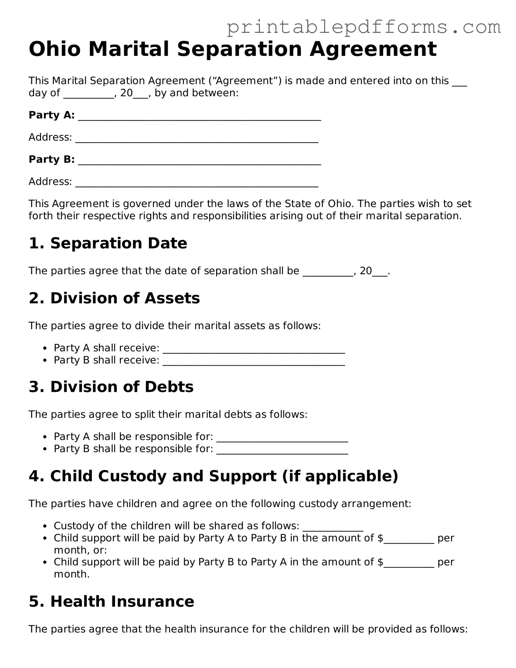 Ohio Marital Separation Agreement Document