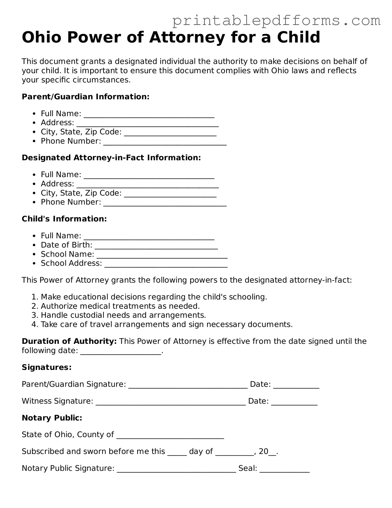 Ohio Power of Attorney for a Child Document