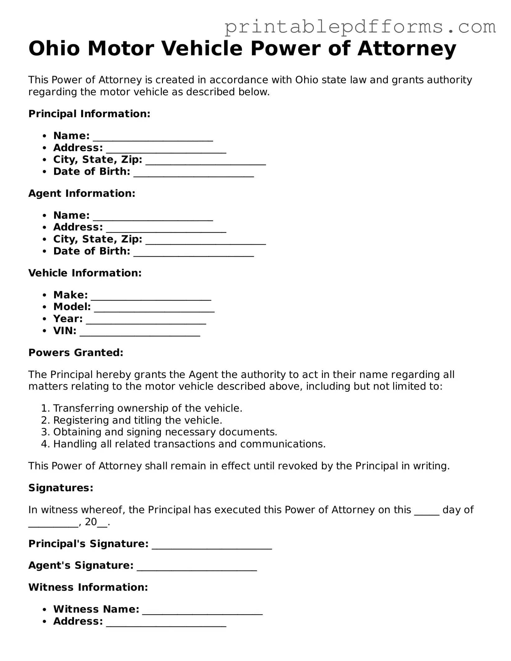 Ohio Motor Vehicle Power of Attorney Document