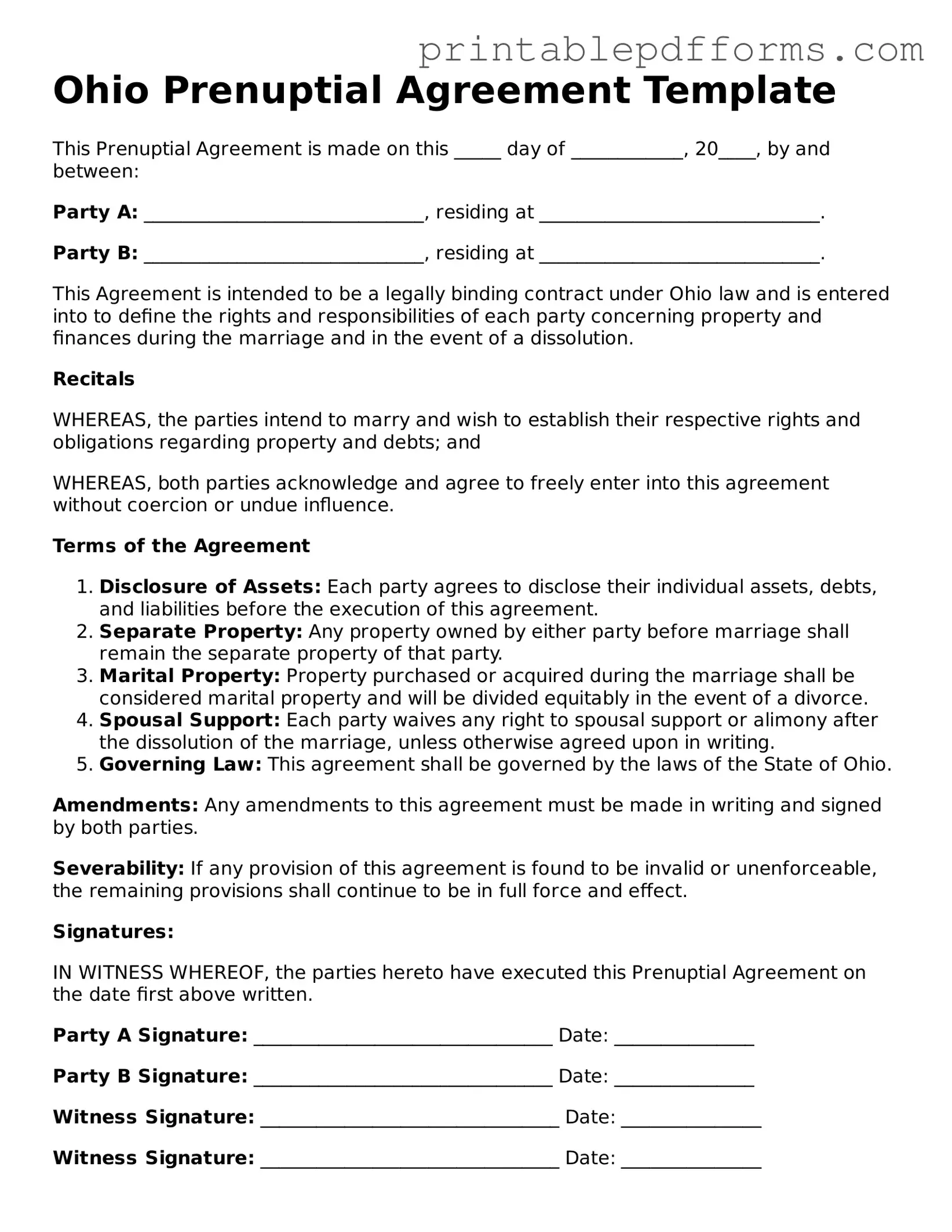 Ohio Prenuptial Agreement Document