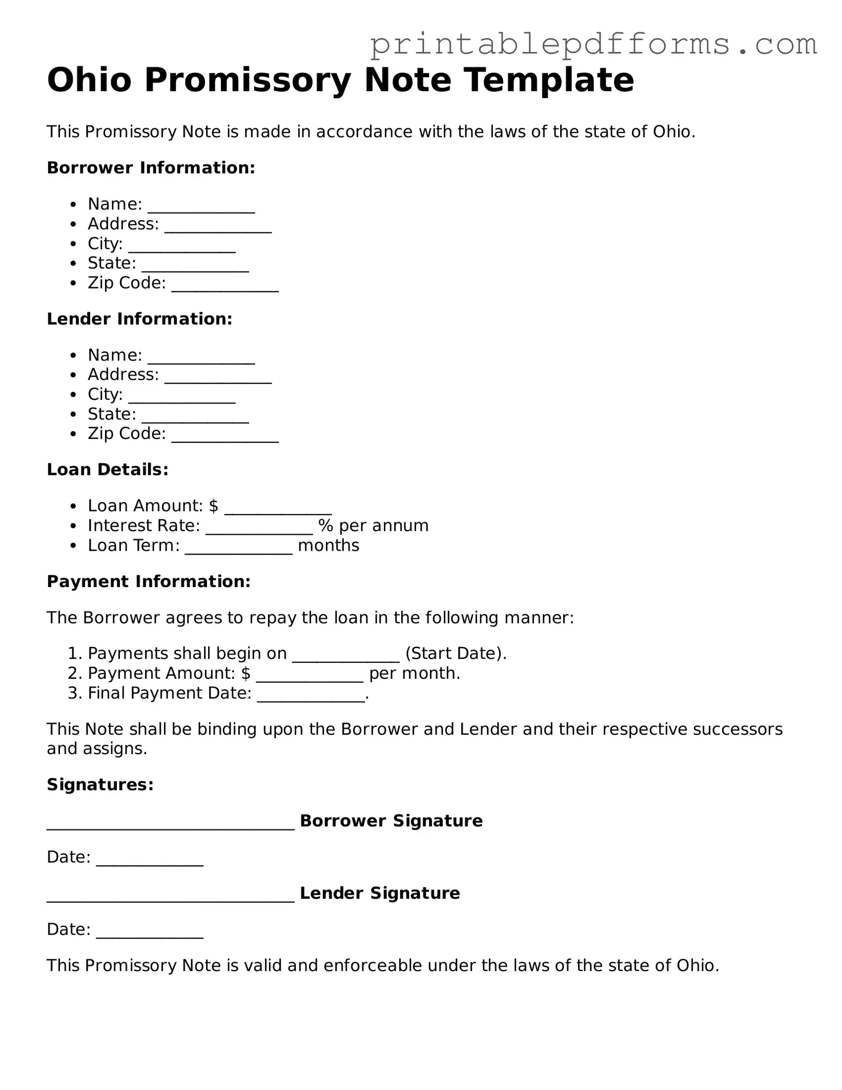 Ohio Promissory Note Document