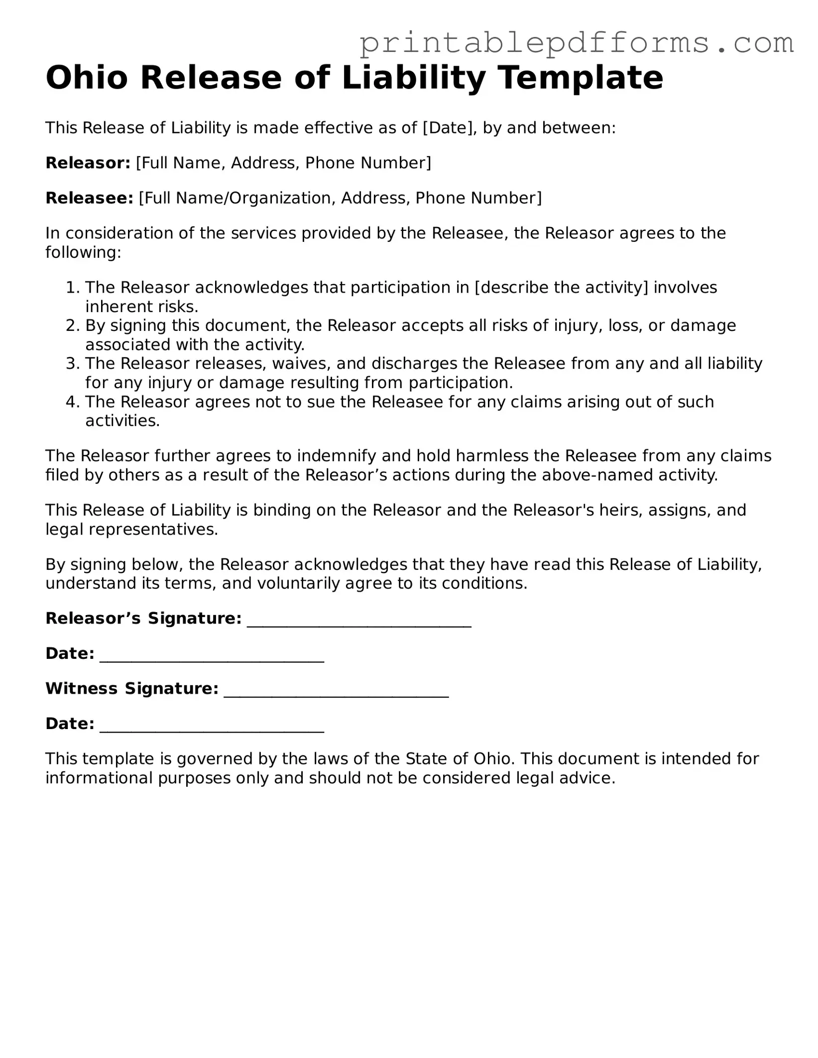 Ohio Release of Liability Document