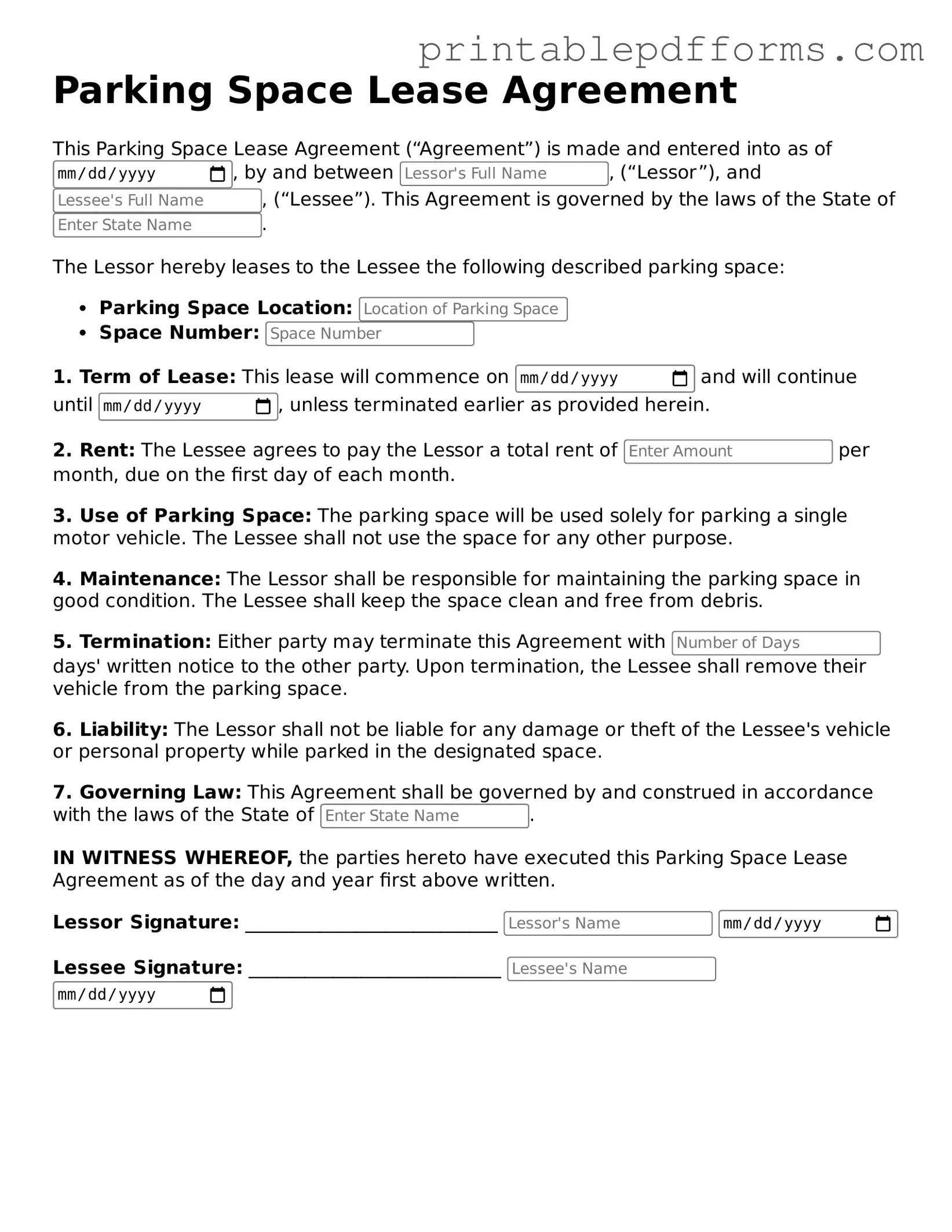 Blank Parking Space Lease Agreement Form