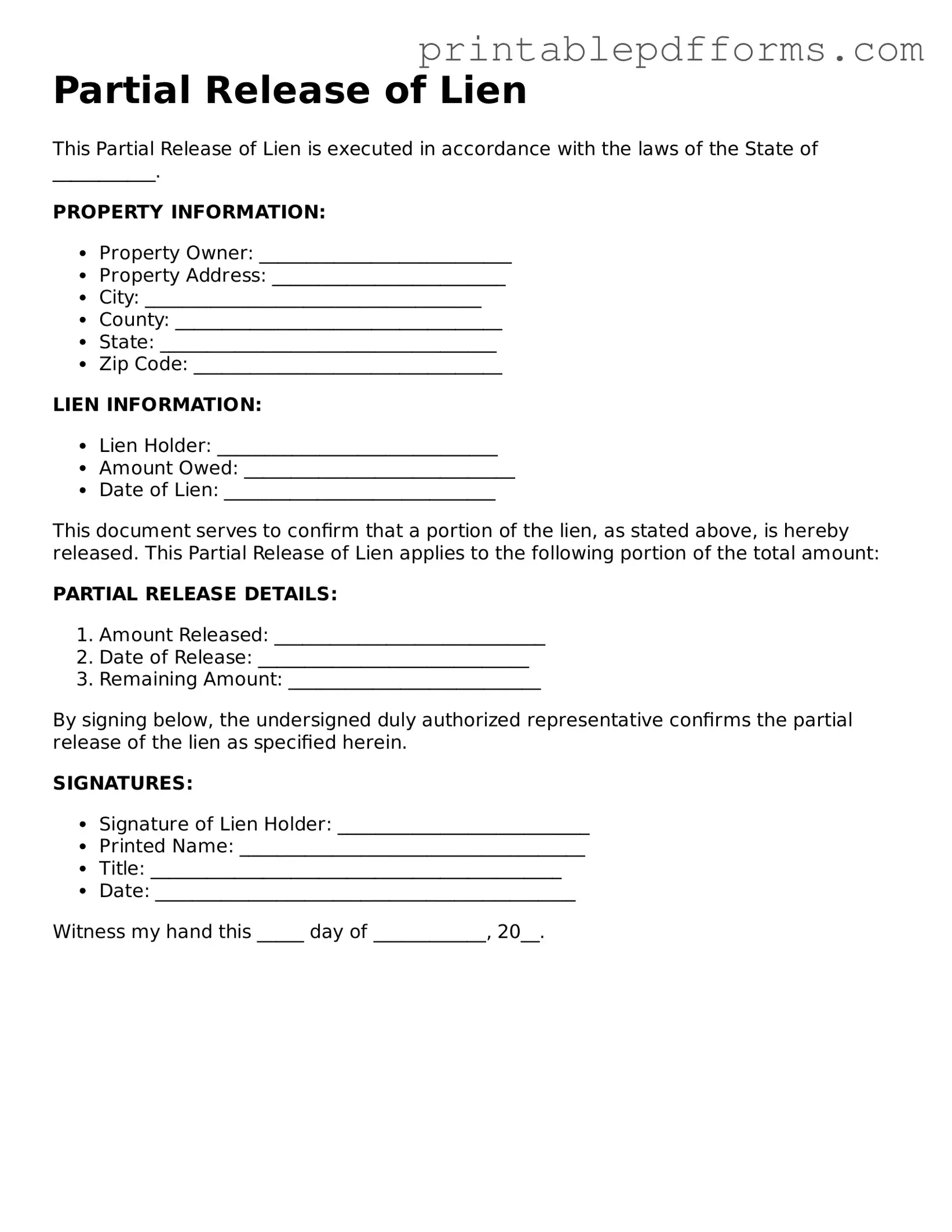 Blank Partial Release of Lien Form