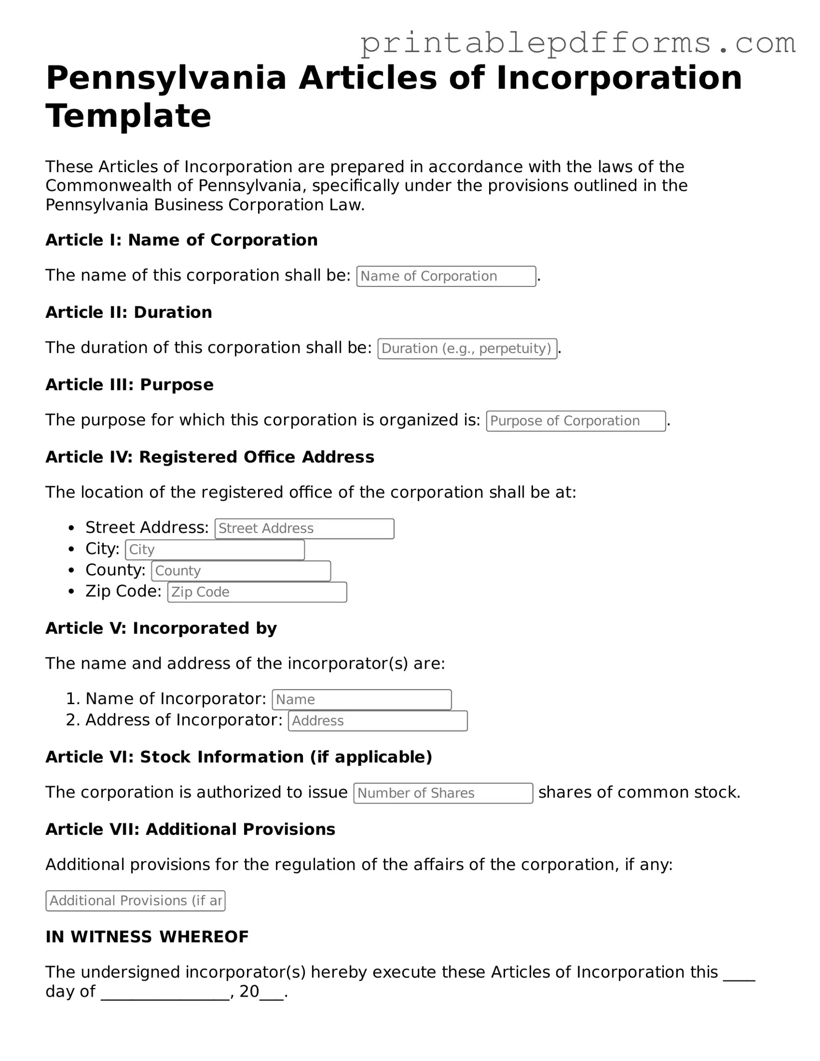 Pennsylvania Articles of Incorporation Document