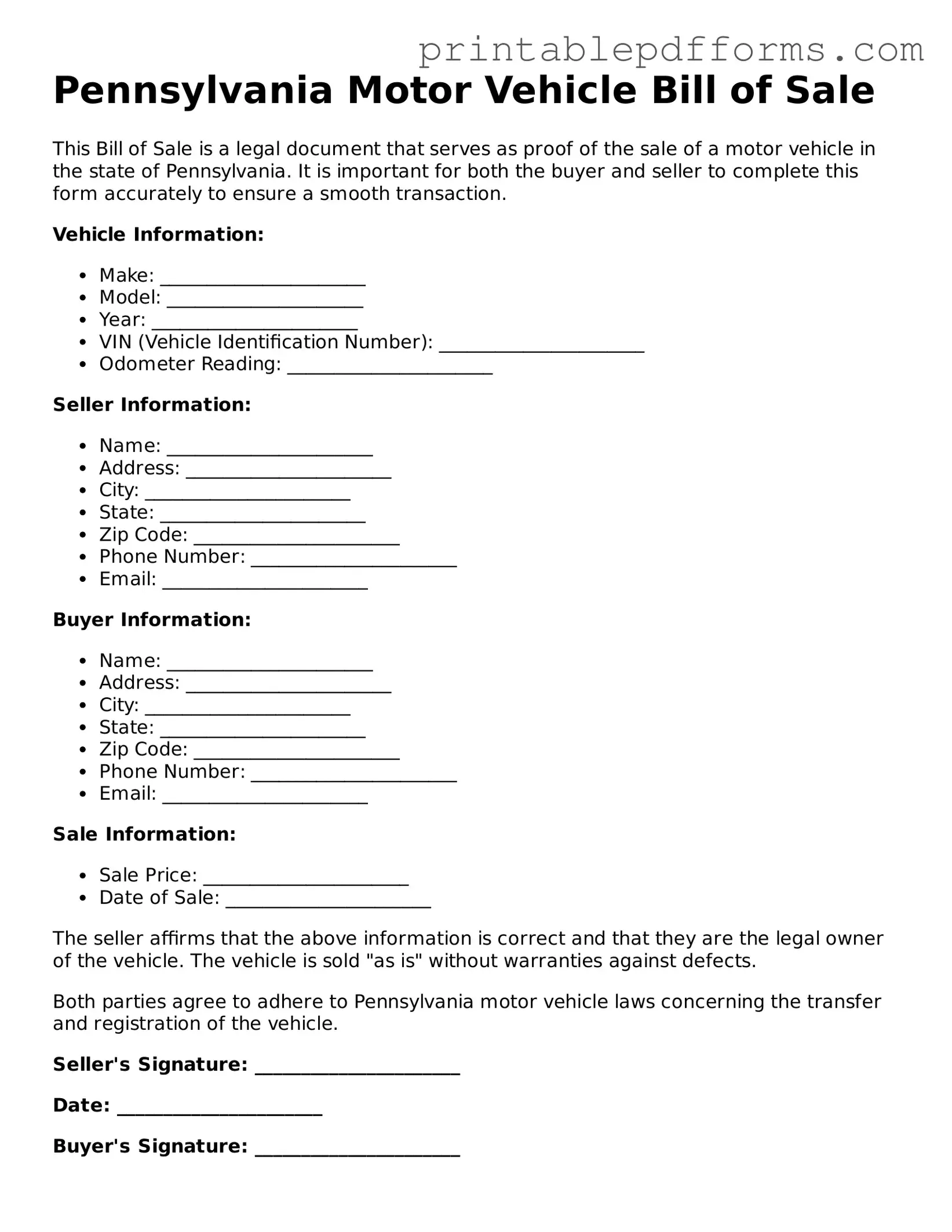 Pennsylvania Motor Vehicle Bill of Sale Document