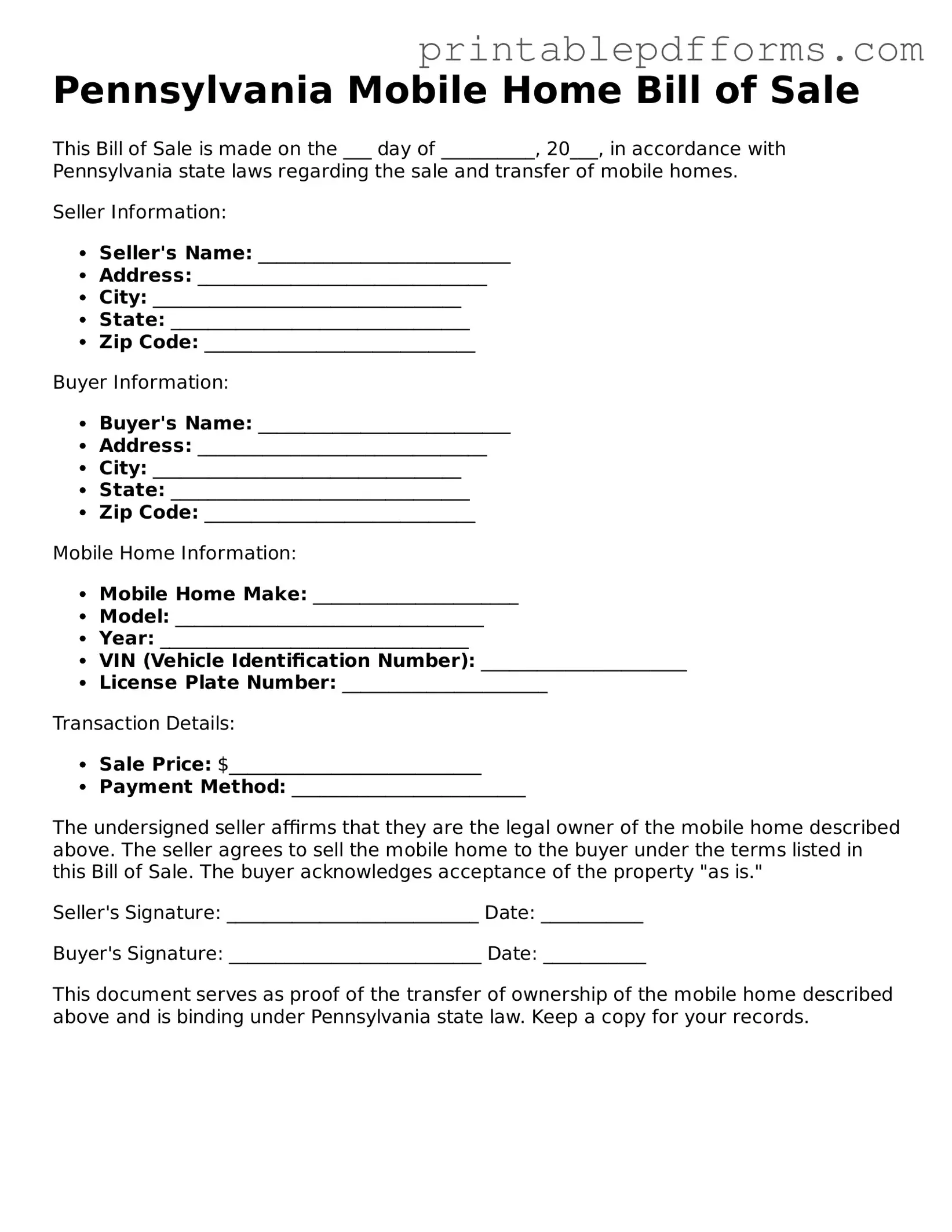 Pennsylvania Mobile Home Bill of Sale Document