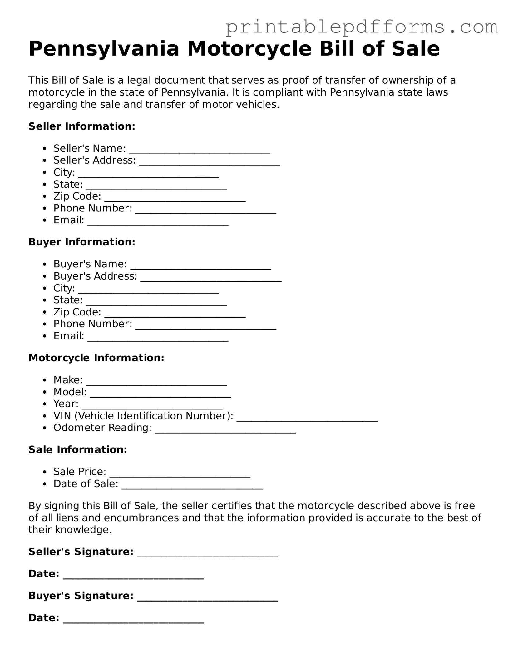 Pennsylvania Motorcycle Bill of Sale Document